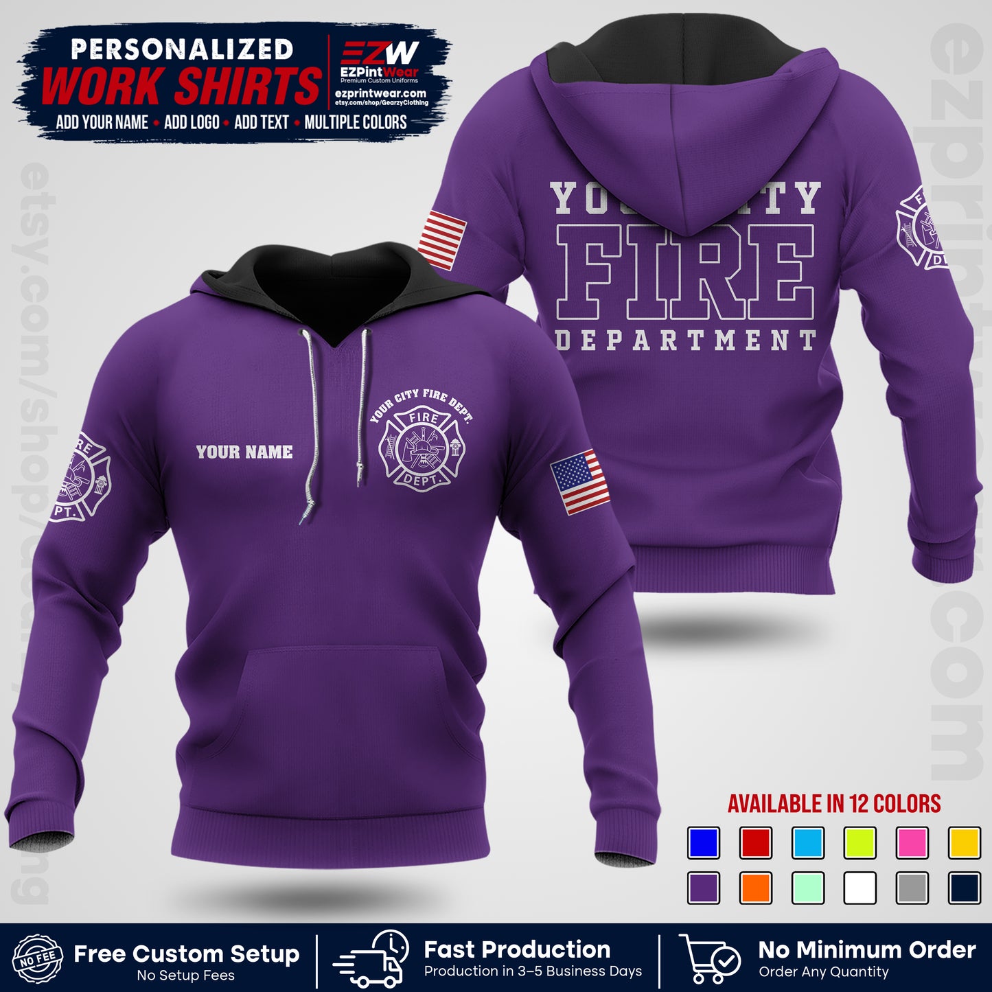 Custom Fire Department Shirt with Name, City Logo & Text | Firefighter Uniform | Button Up Work Shirt FF01