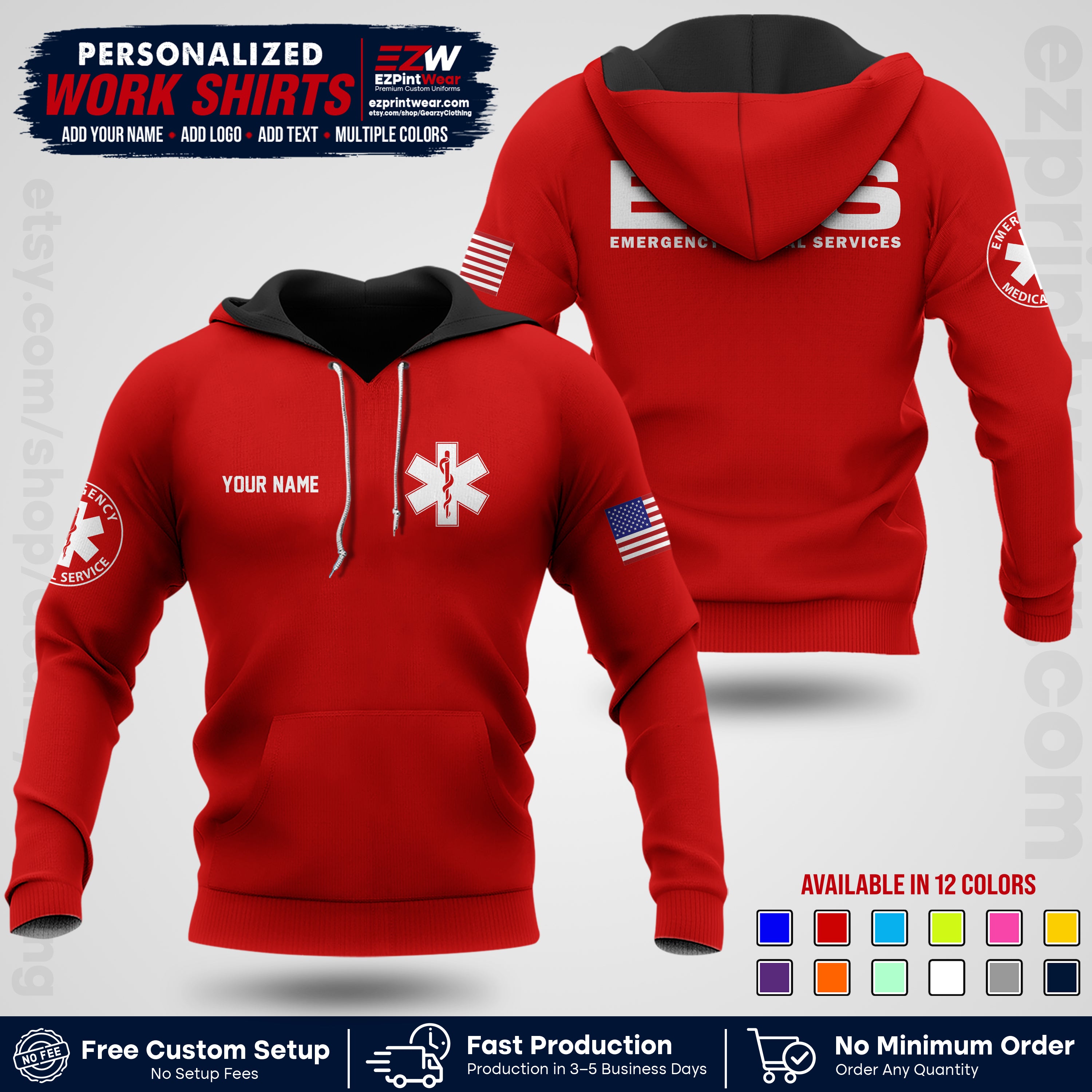 Custom EMS Shirt with Name, Logo & Text | EMS Team Uniform | First Responder Workwear EMSU01