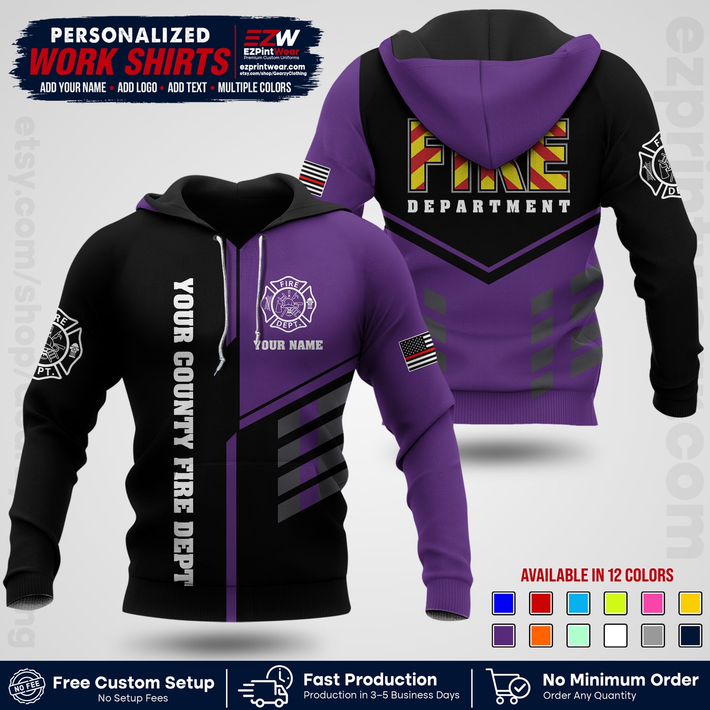 Custom Fire Department Shirt with Name, City Logo & Text | Firefighter Uniform | Button Up Work Shirt FF06