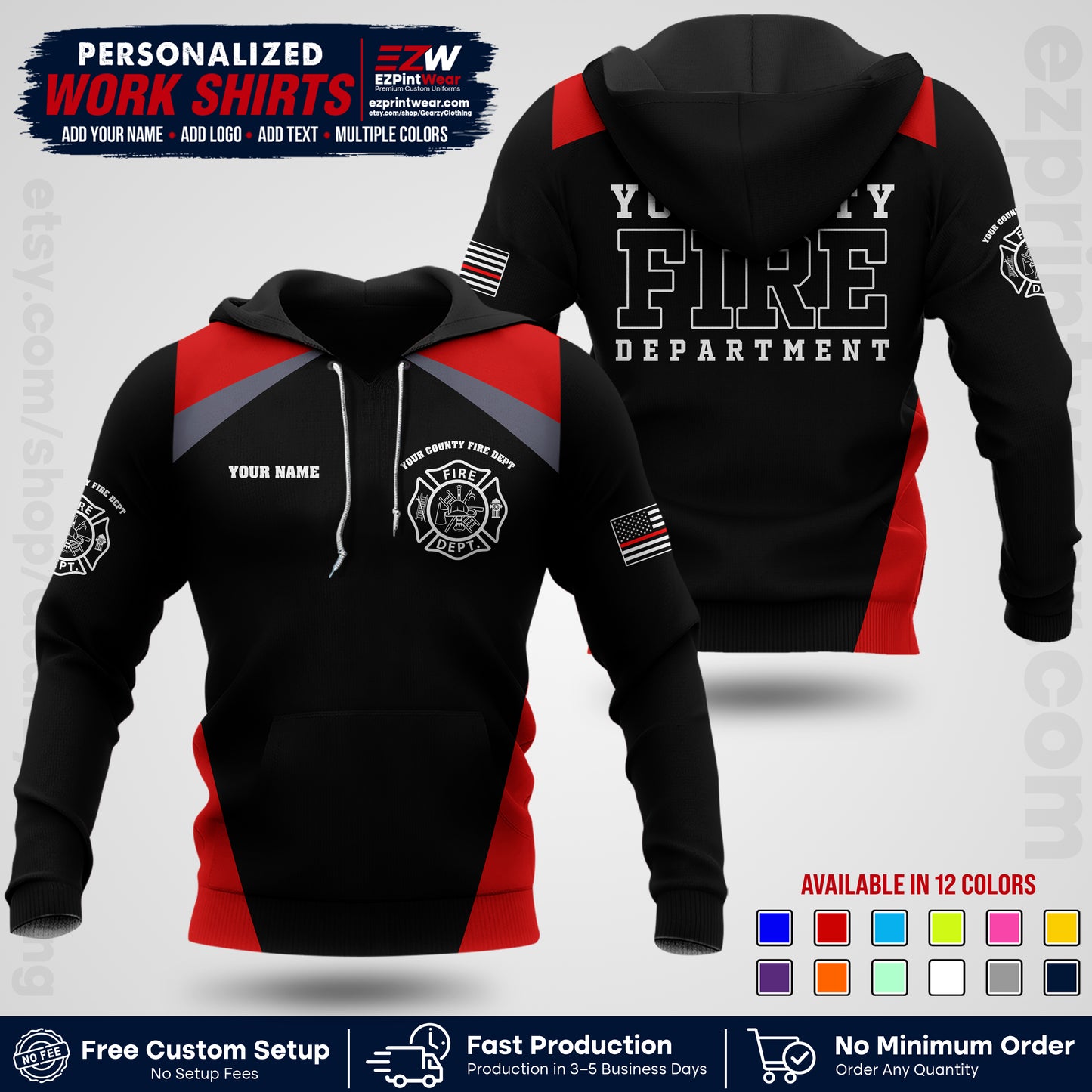 Custom Fire Department Shirt with Name, City Logo & Text | Firefighter Uniform | Button Up Work Shirt FF04