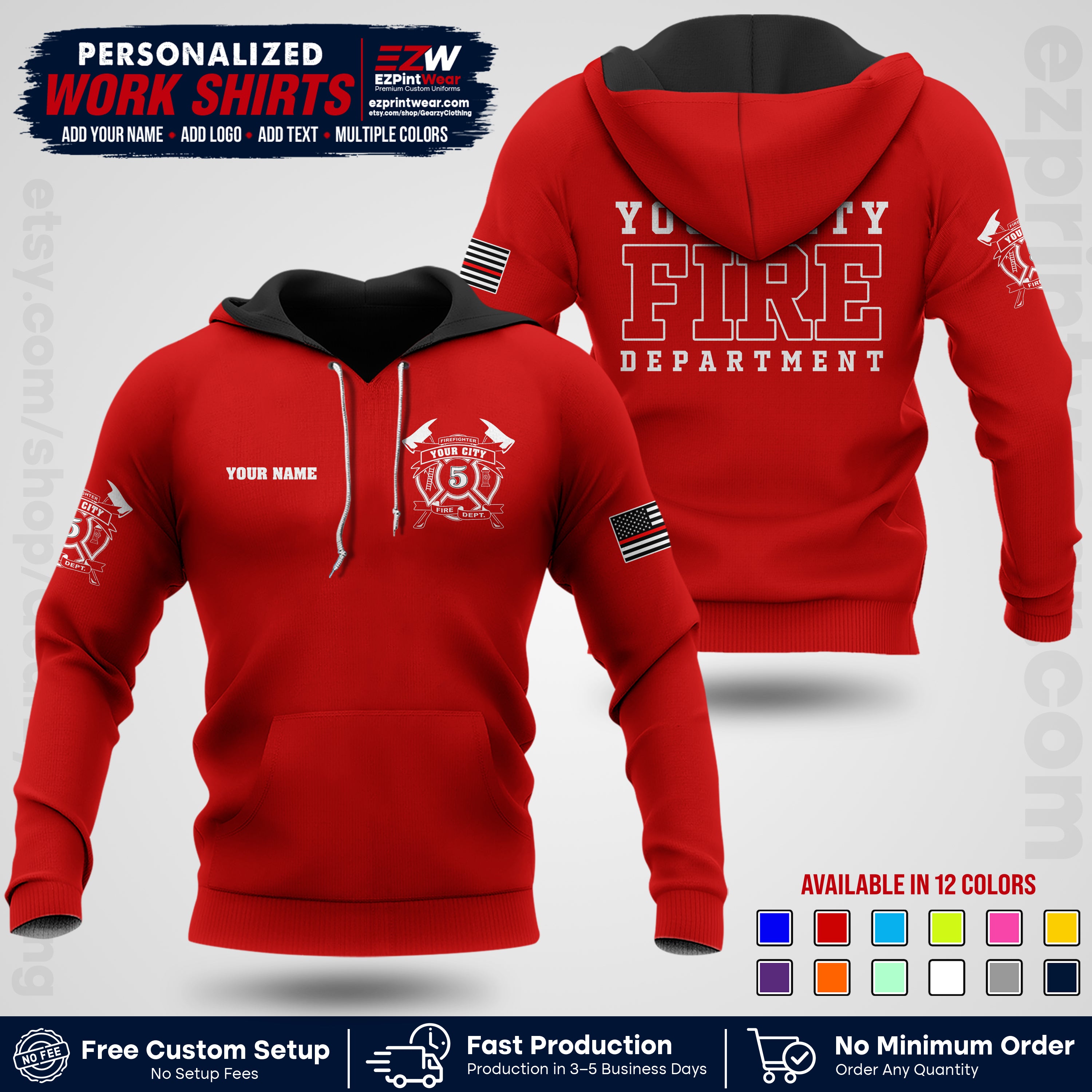 Custom Fire Department Shirt with Name, City Logo & Text | Firefighter Uniform | Button Up Work Shirt FF07