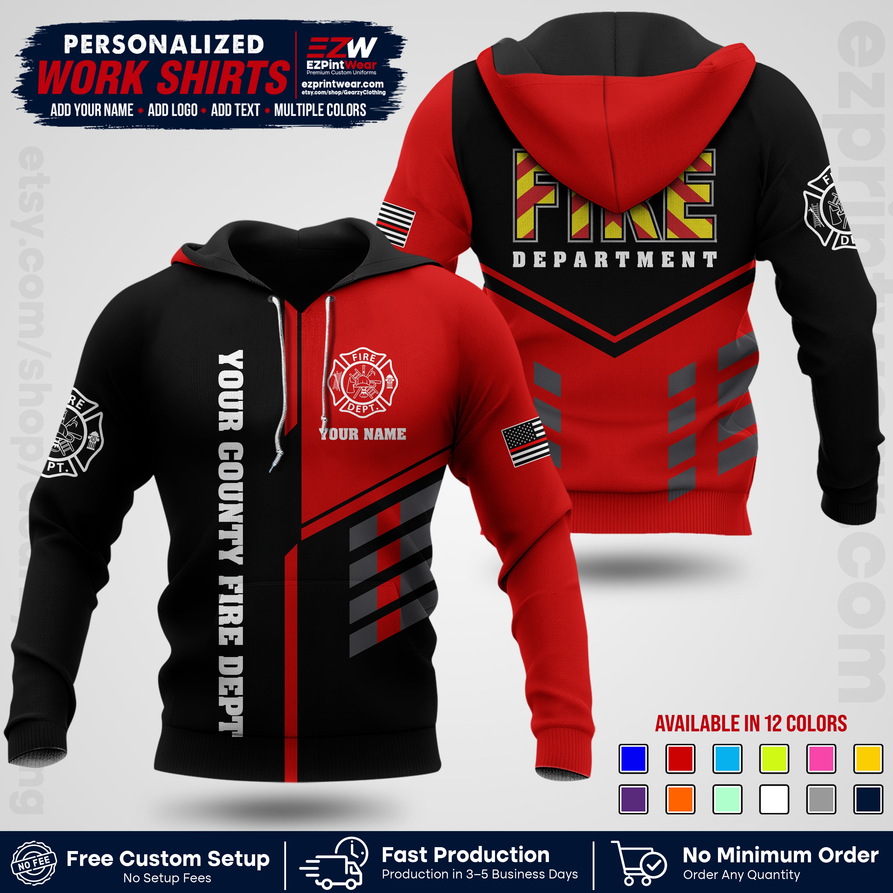 Custom Fire Department Shirt with Name, City Logo & Text | Firefighter Uniform | Button Up Work Shirt FF06