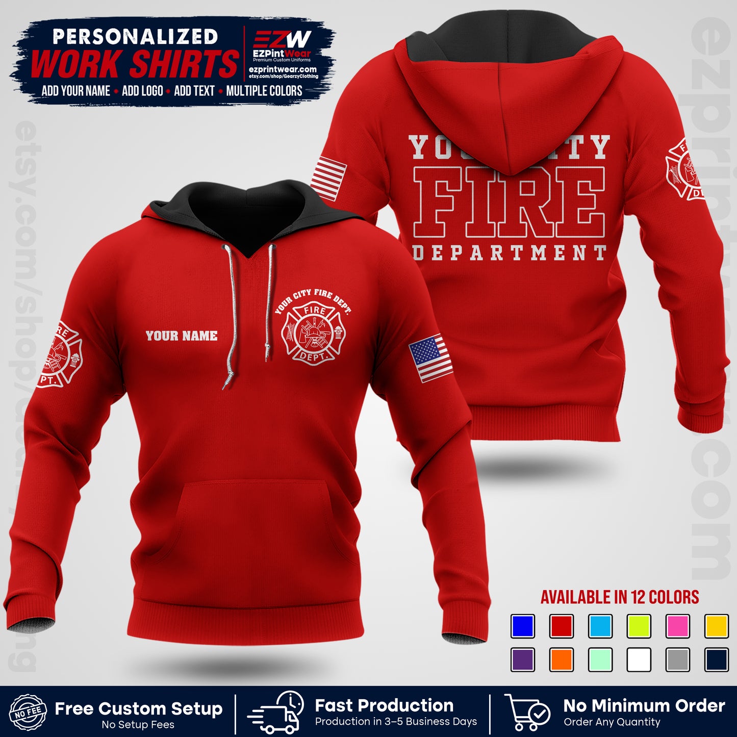 Custom Fire Department Shirt with Name, City Logo & Text | Firefighter Uniform | Button Up Work Shirt FF01