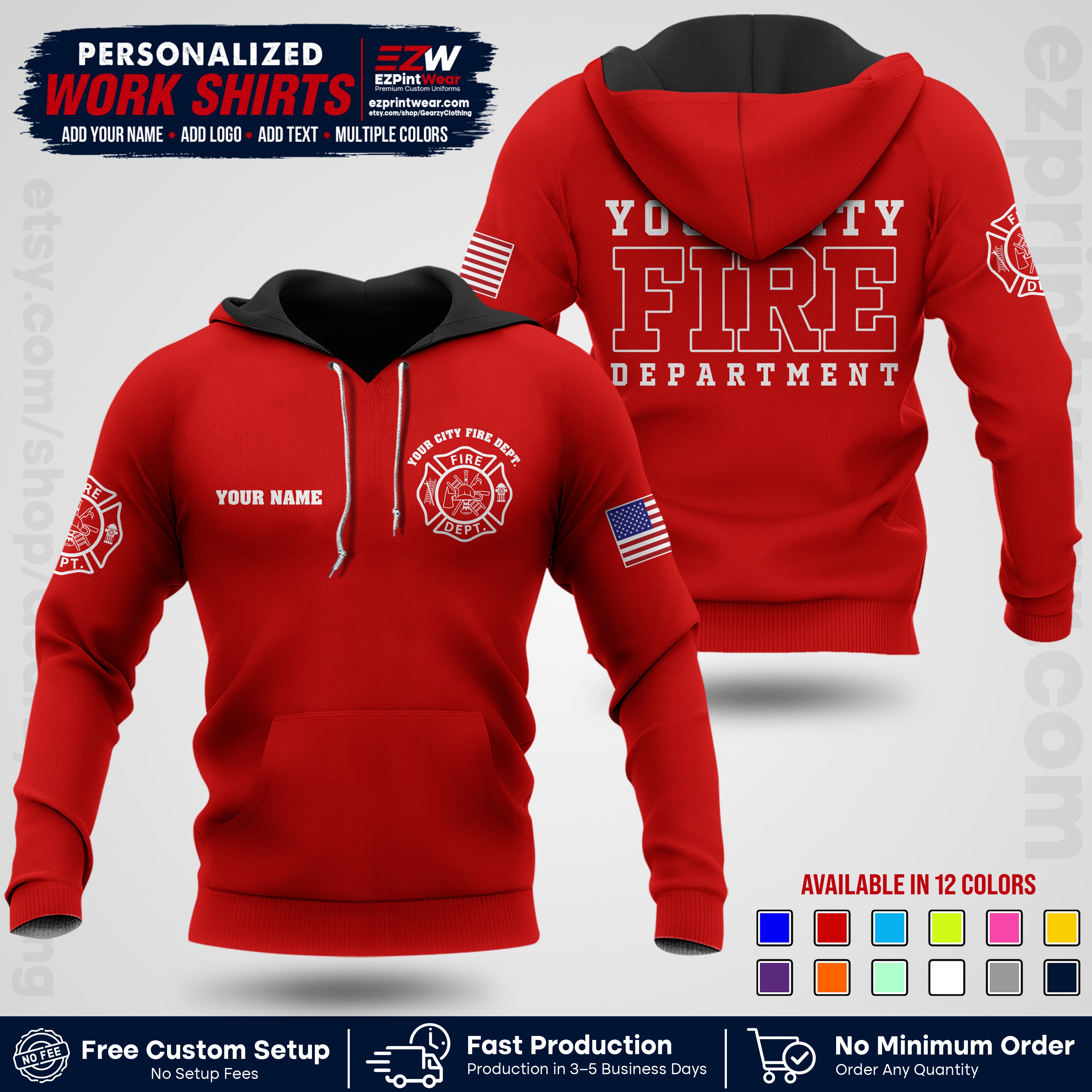Custom Fire Department Shirt with Name, City Logo & Text | Firefighter Uniform | Button Up Work Shirt FF01