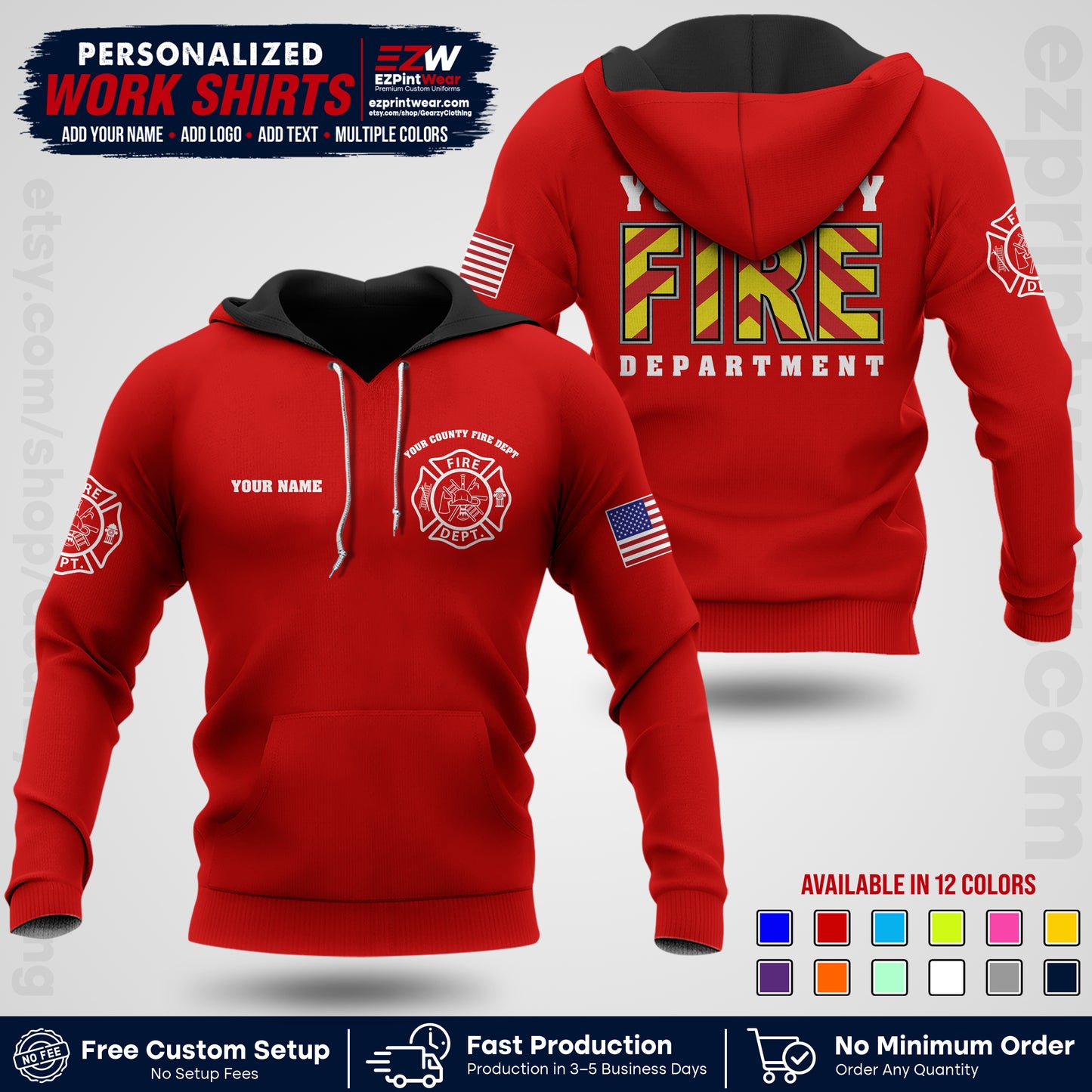 Custom Fire Department Shirt with Name, City Logo & Text | Firefighter Uniform | Button Up Work Shirt FF05
