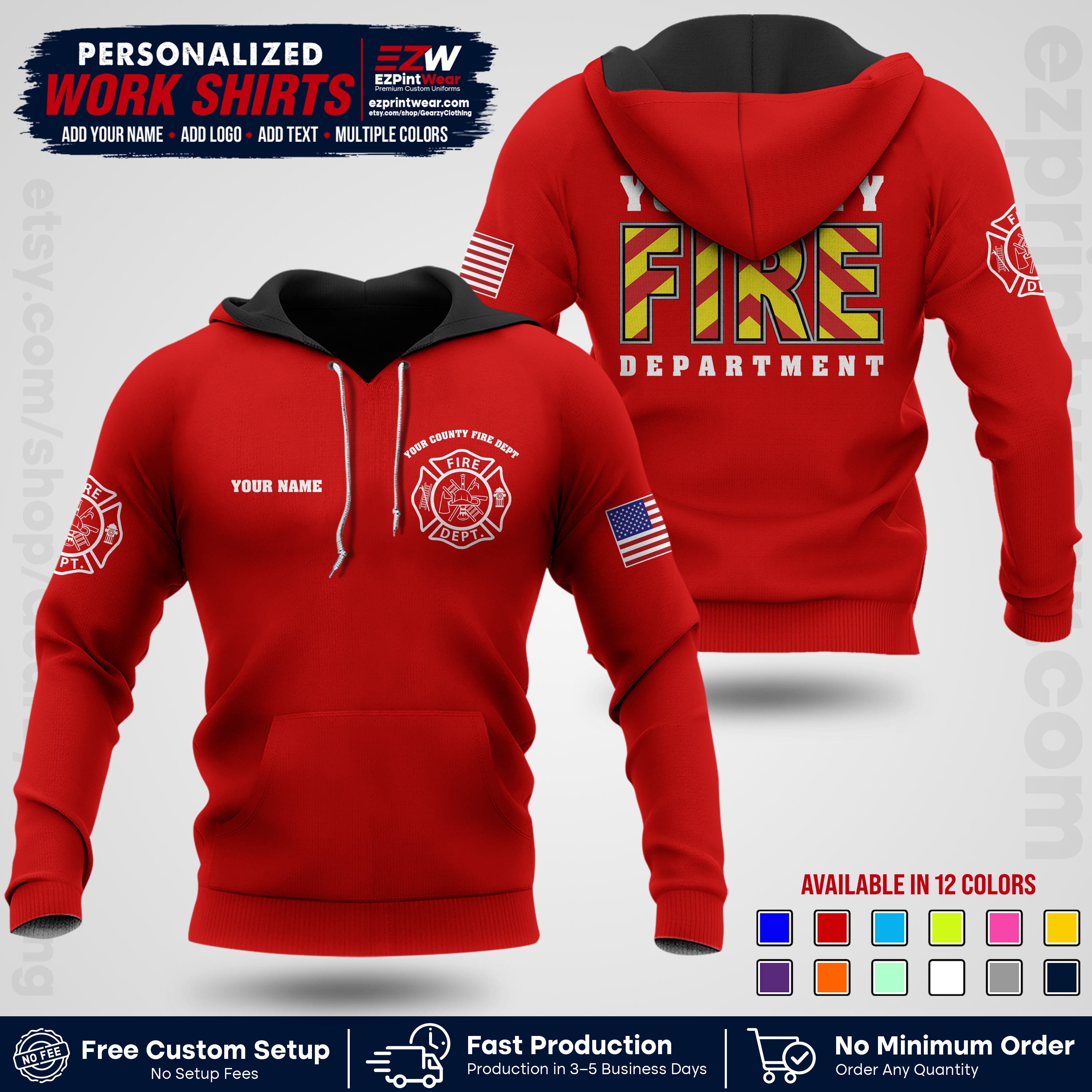 Custom Fire Department Shirt with Name, City Logo & Text | Firefighter Uniform | Button Up Work Shirt FF05