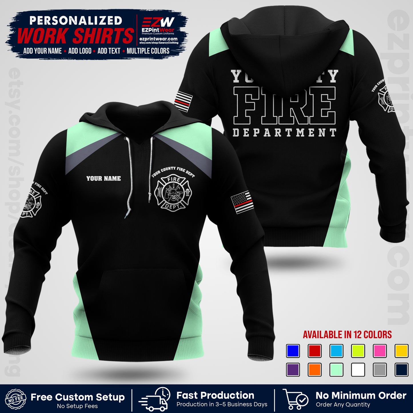 Custom Fire Department Shirt with Name, City Logo & Text | Firefighter Uniform | Button Up Work Shirt FF04