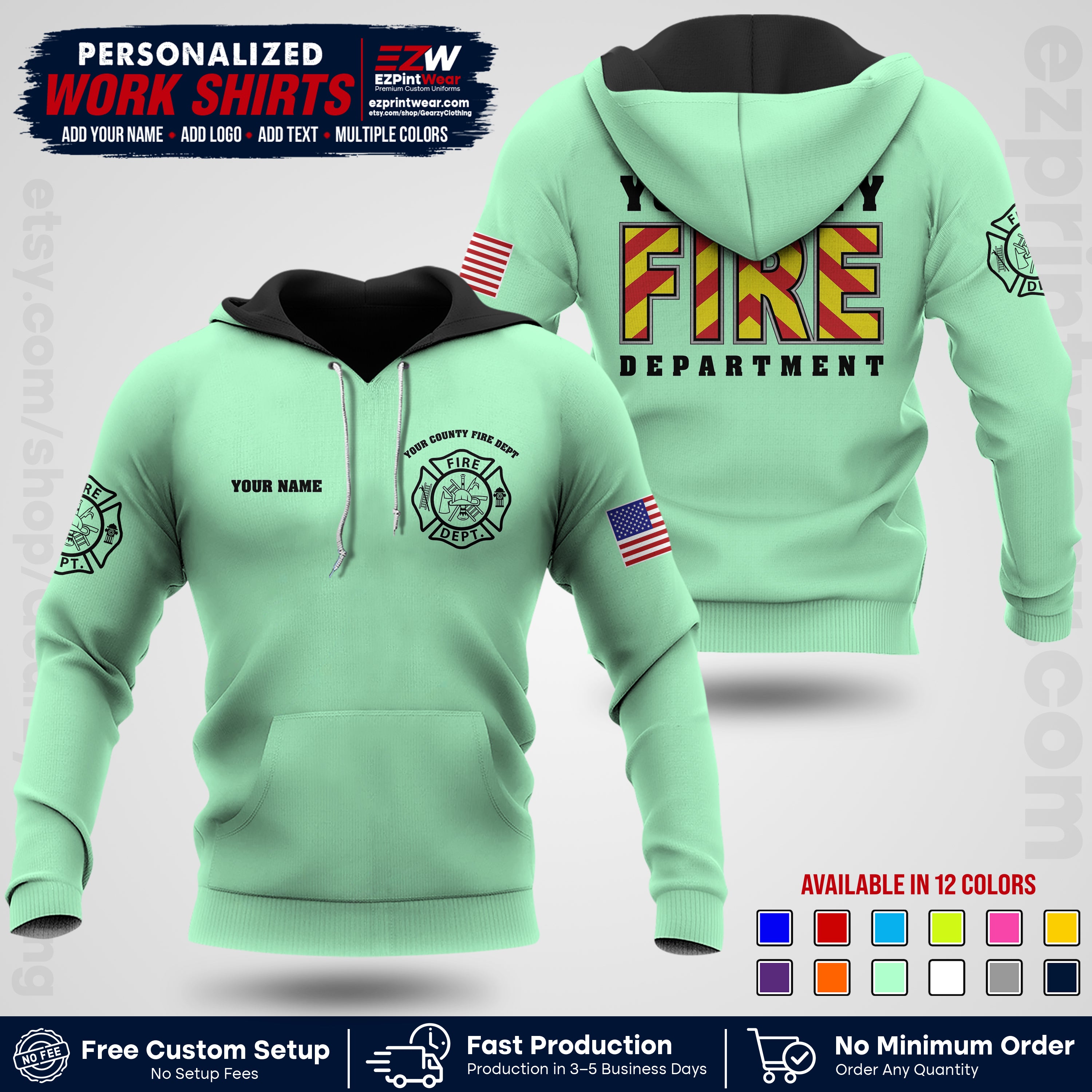 Custom Fire Department Shirt with Name, City Logo & Text | Firefighter Uniform | Button Up Work Shirt FF05