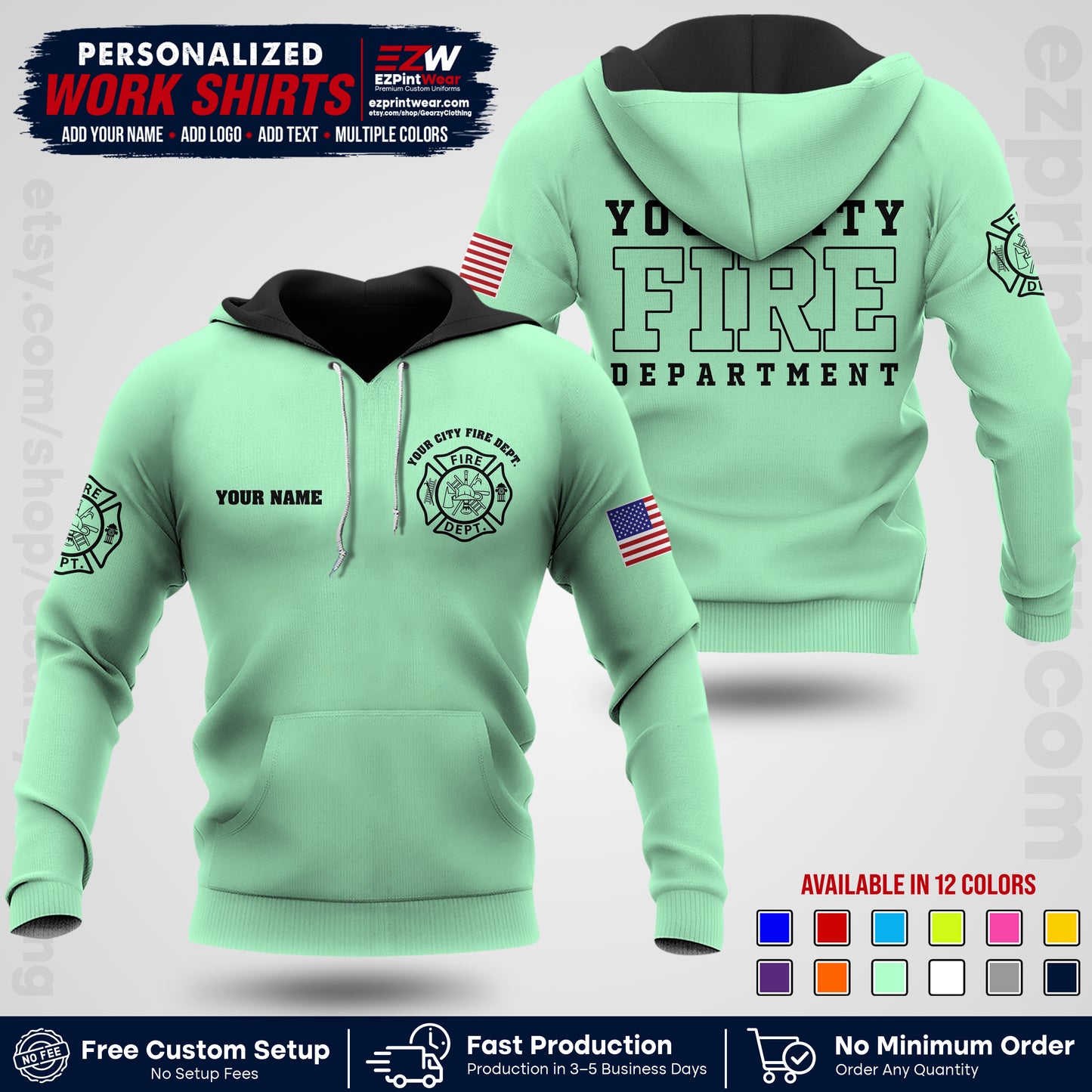 Custom Fire Department Shirt with Name, City Logo & Text | Firefighter Uniform | Button Up Work Shirt FF01