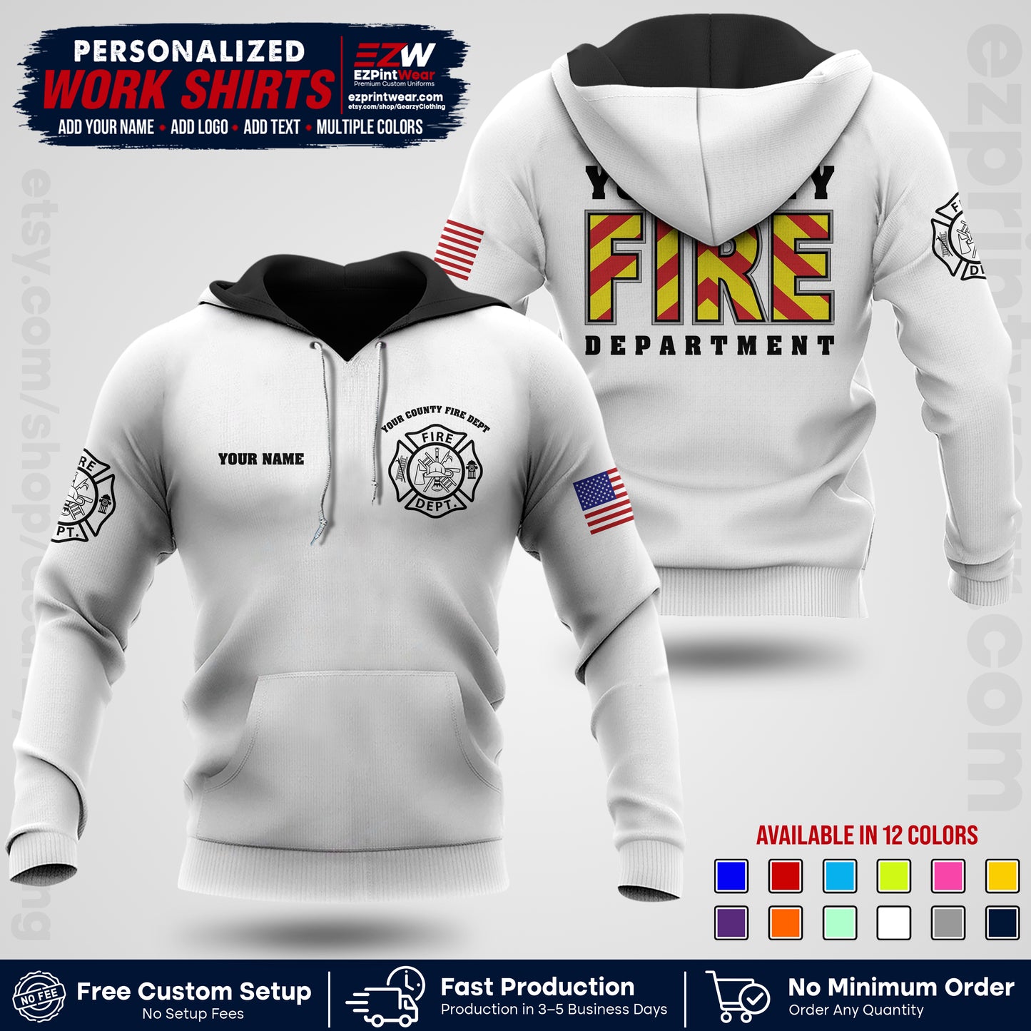 Custom Fire Department Shirt with Name, City Logo & Text | Firefighter Uniform | Button Up Work Shirt FF05