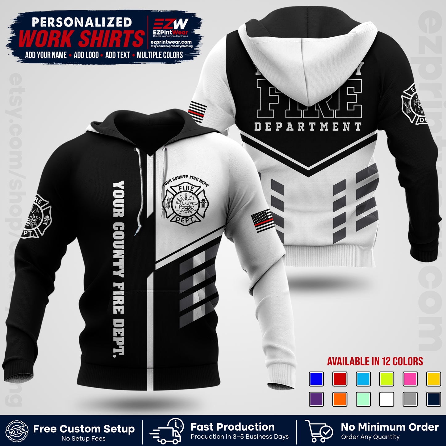 Custom Fire Department Shirt with Name, City Logo & Text | Firefighter Uniform | Button Up Work Shirt FF03