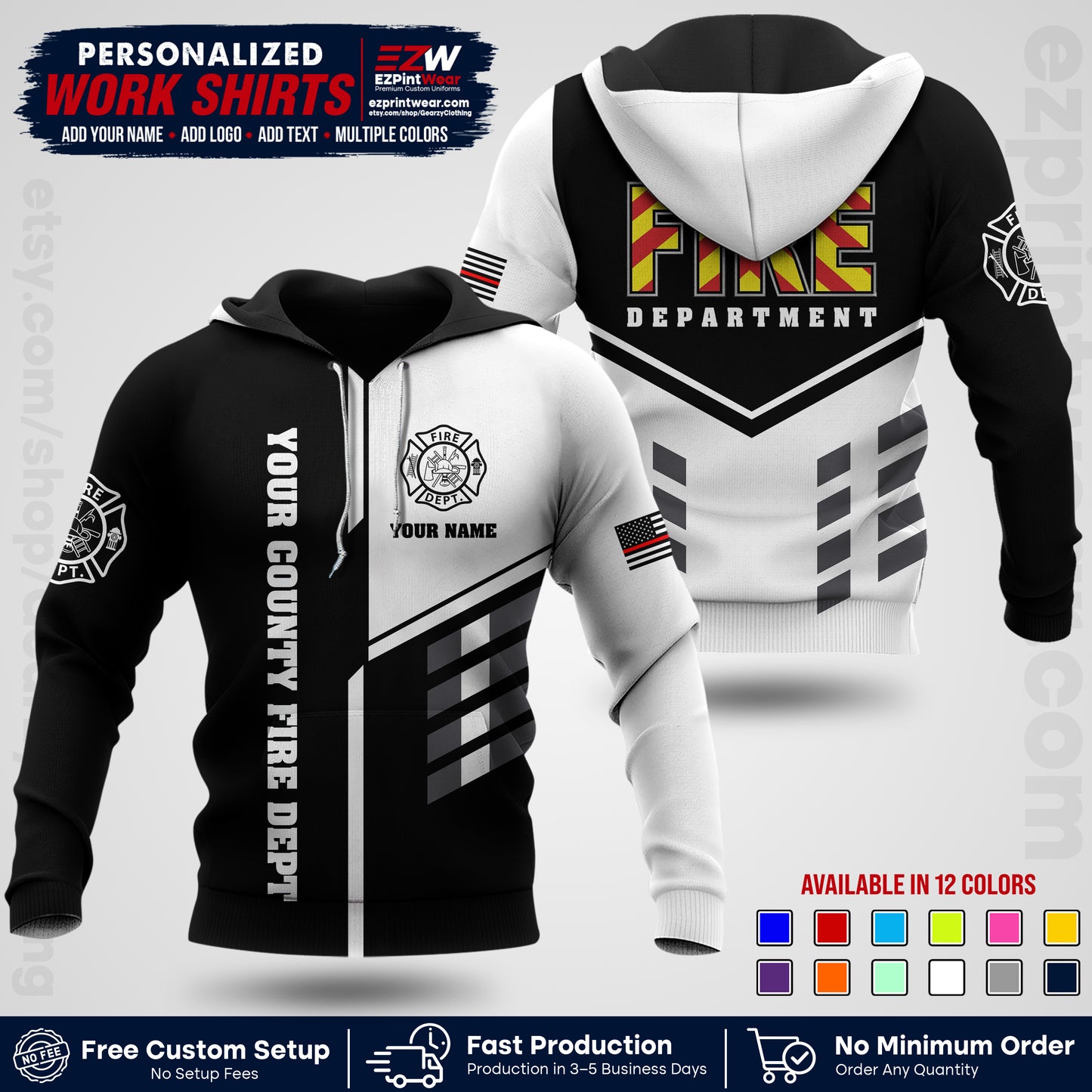 Custom Fire Department Shirt with Name, City Logo & Text | Firefighter Uniform | Button Up Work Shirt FF06