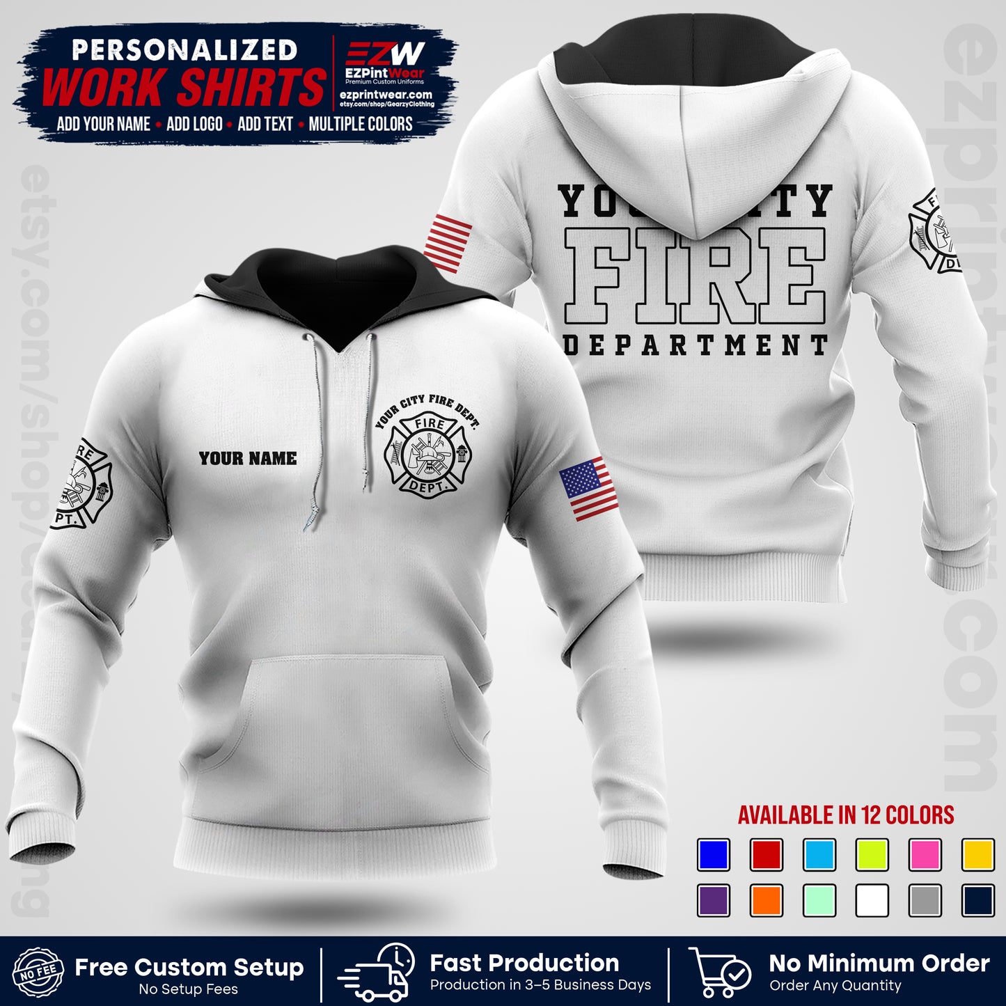 Custom Fire Department Shirt with Name, City Logo & Text | Firefighter Uniform | Button Up Work Shirt FF01