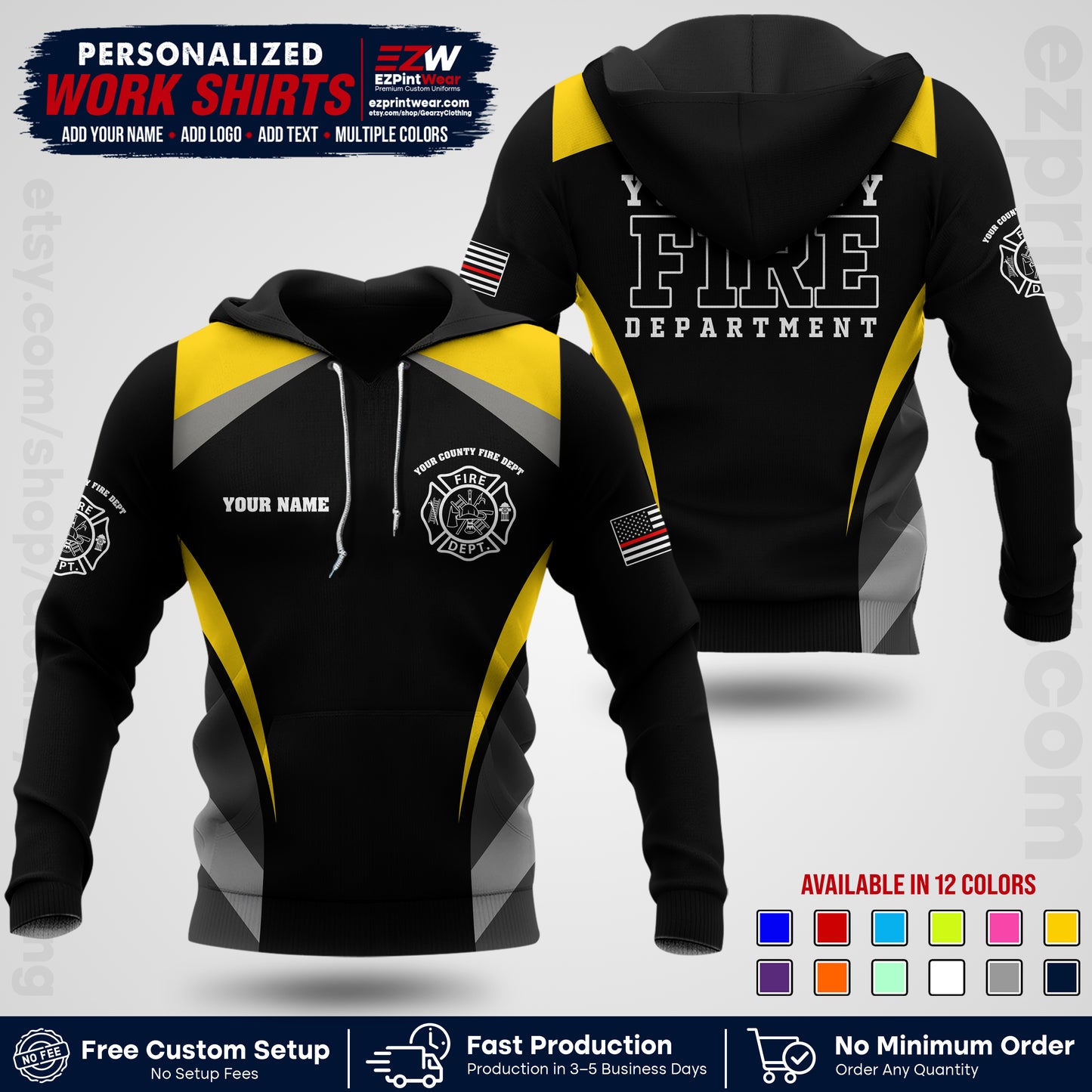 Custom Fire Department Shirt with Name, City Logo & Text | Firefighter Uniform | Button Up Work Shirt FF02