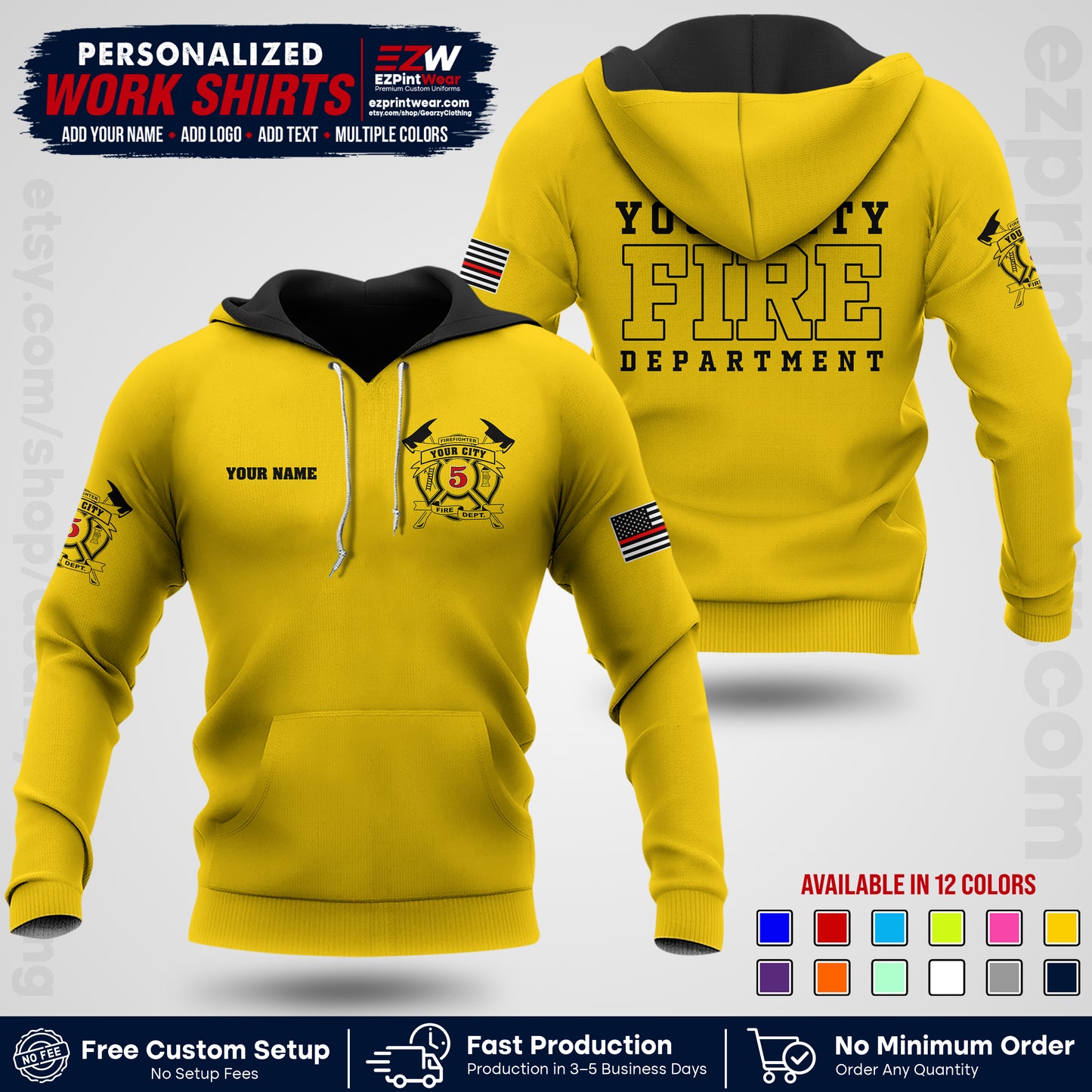 Custom Fire Department Shirt with Name, City Logo & Text | Firefighter Uniform | Button Up Work Shirt FF07