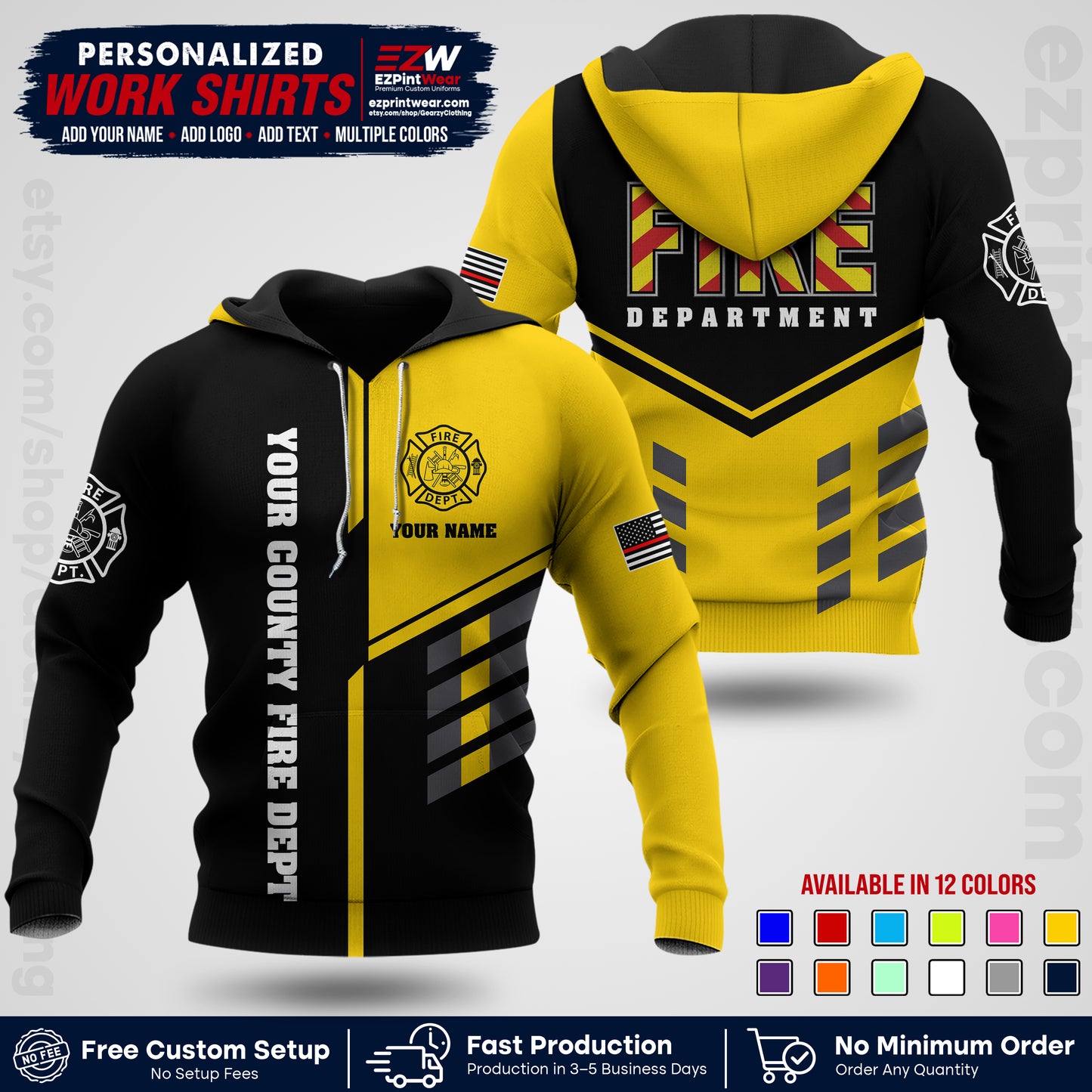 Custom Fire Department Shirt with Name, City Logo & Text | Firefighter Uniform | Button Up Work Shirt FF06