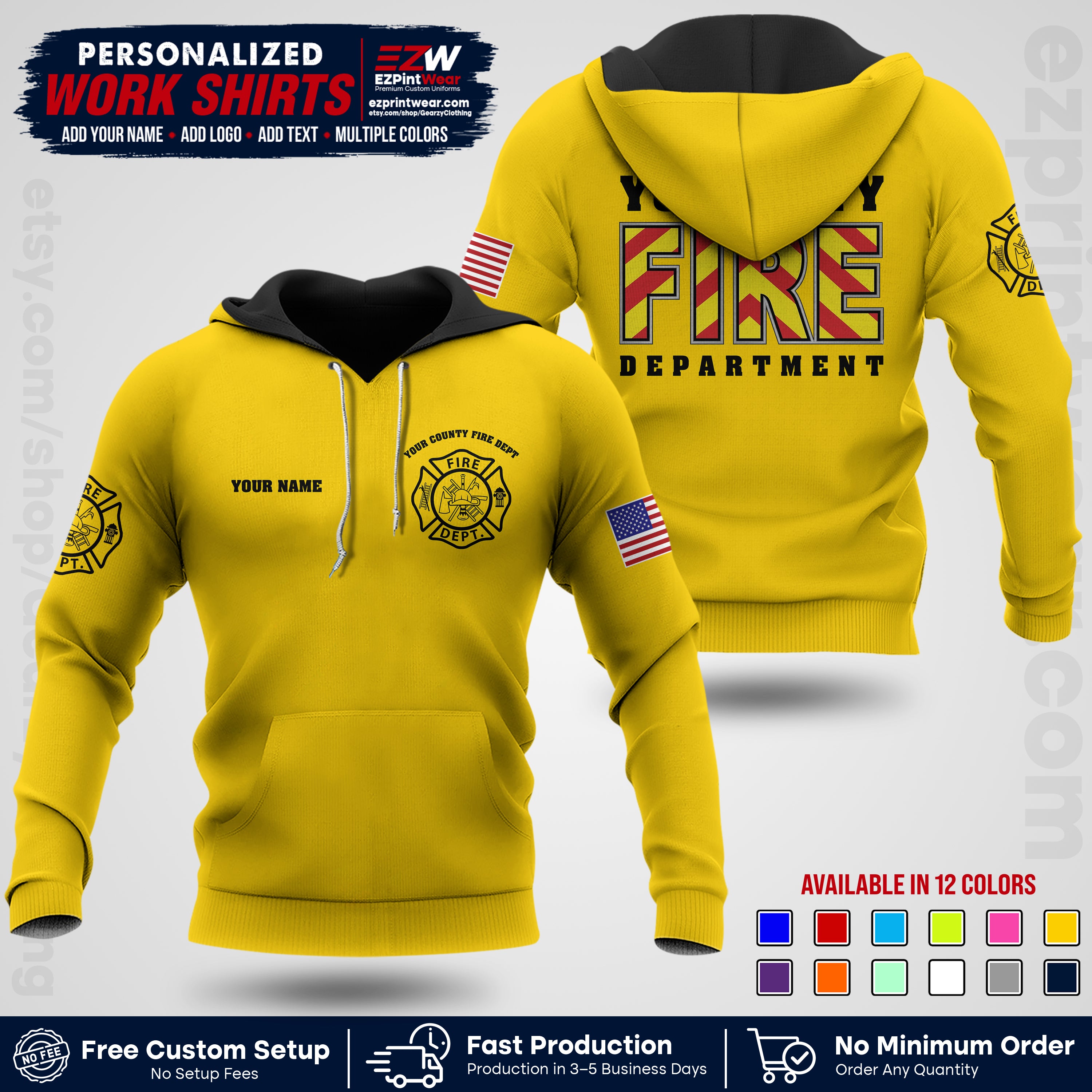 Custom Fire Department Shirt with Name, City Logo & Text | Firefighter Uniform | Button Up Work Shirt FF05