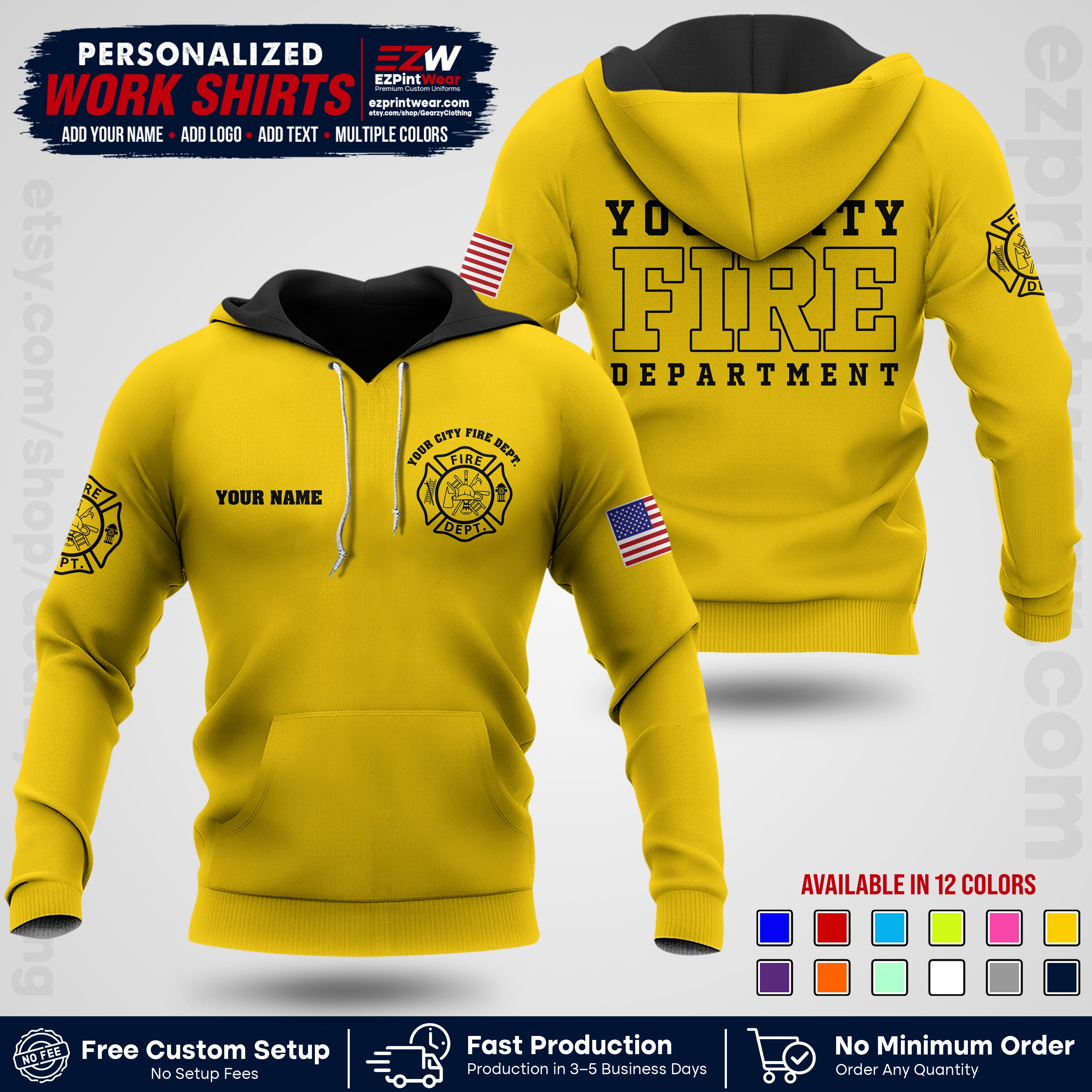 Custom Fire Department Shirt with Name, City Logo & Text | Firefighter Uniform | Button Up Work Shirt FF01