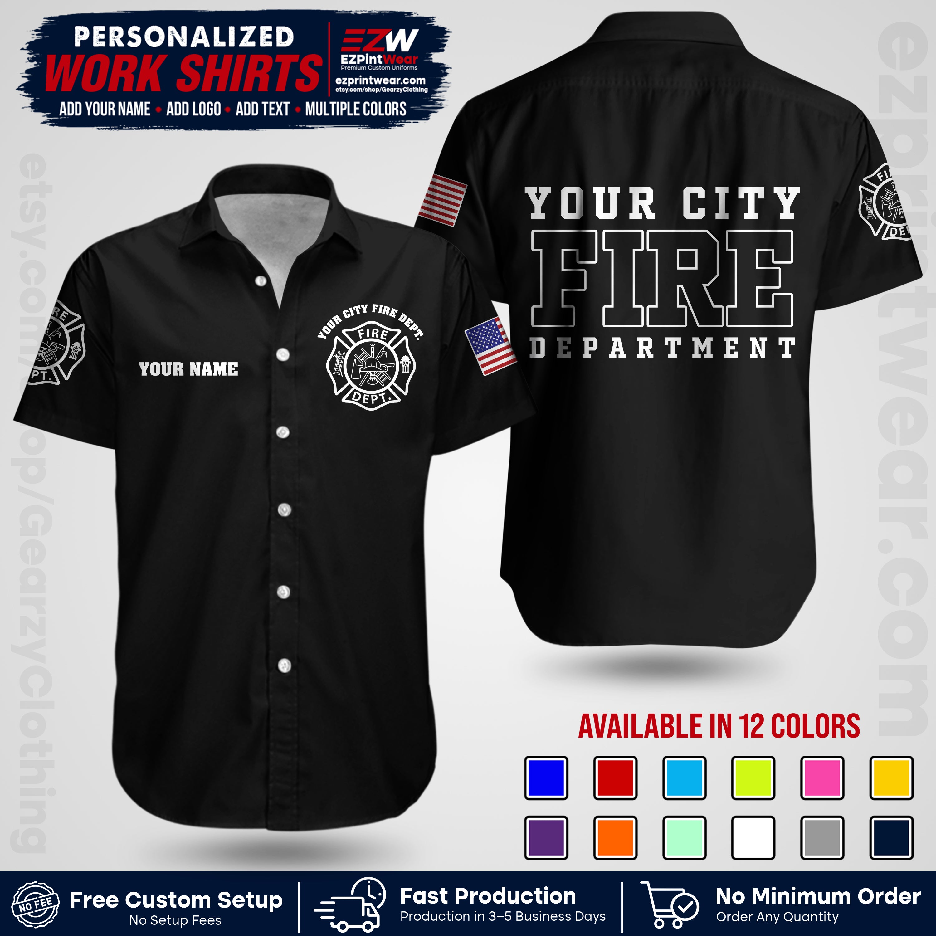 Custom Fire Department Shirt with Name, City Logo & Text | Firefighter Uniform | Button Up Work Shirt FF01