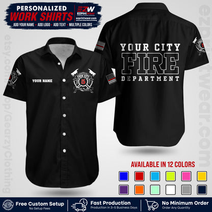 Custom Fire Department Shirt with Name, City Logo & Text | Firefighter Uniform | Button Up Work Shirt FF07