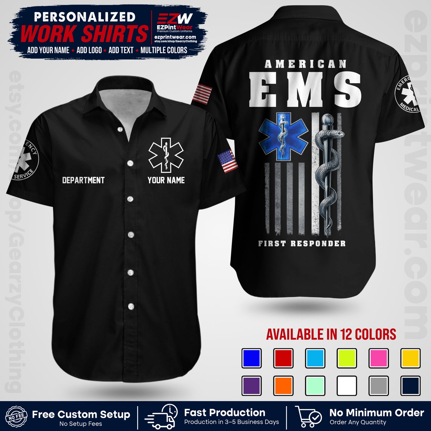 Custom EMS Shirt with Name, Logo & Text | EMS Team Uniform | First Responder Workwear EMSU03