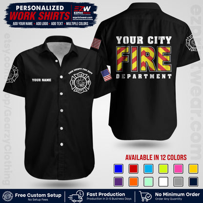 Custom Fire Department Shirt with Name, City Logo & Text | Firefighter Uniform | Button Up Work Shirt FF05