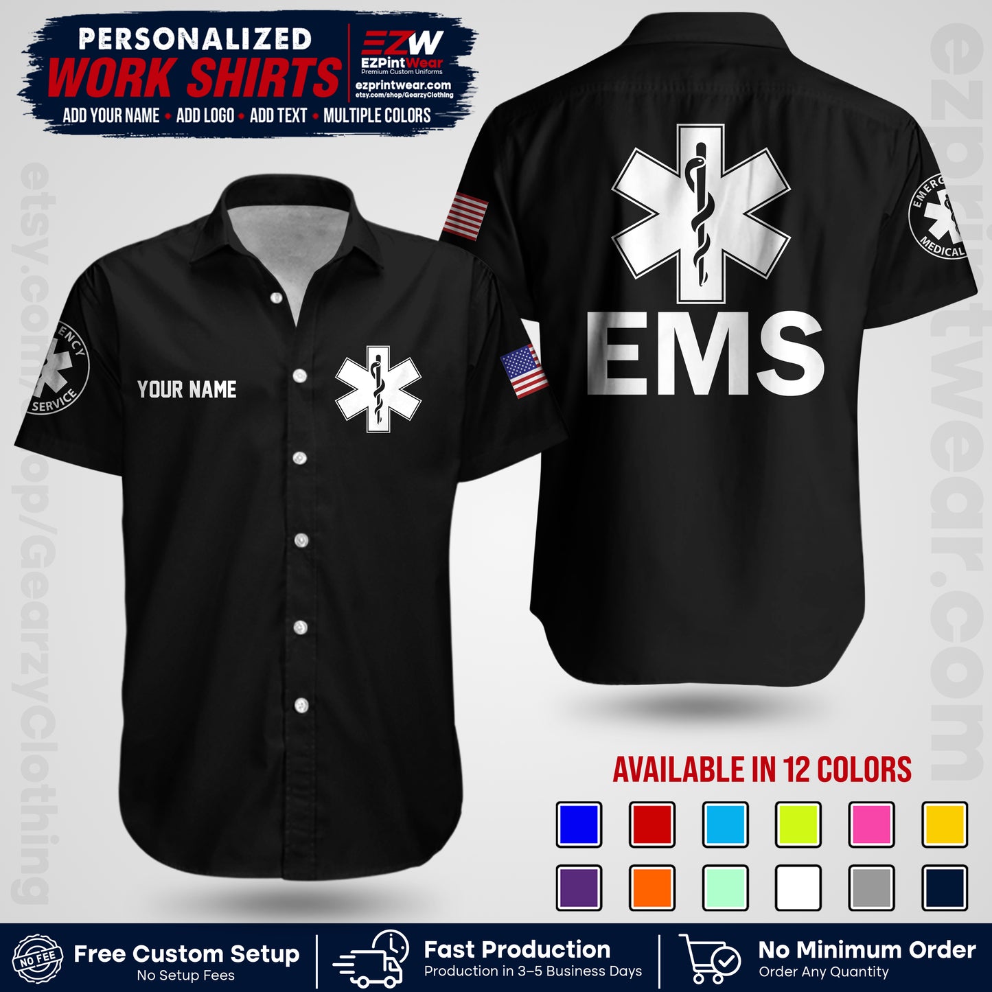 Custom EMS Shirt with Name, Logo & Text | EMS Team Uniform | First Responder Workwear EMSU02