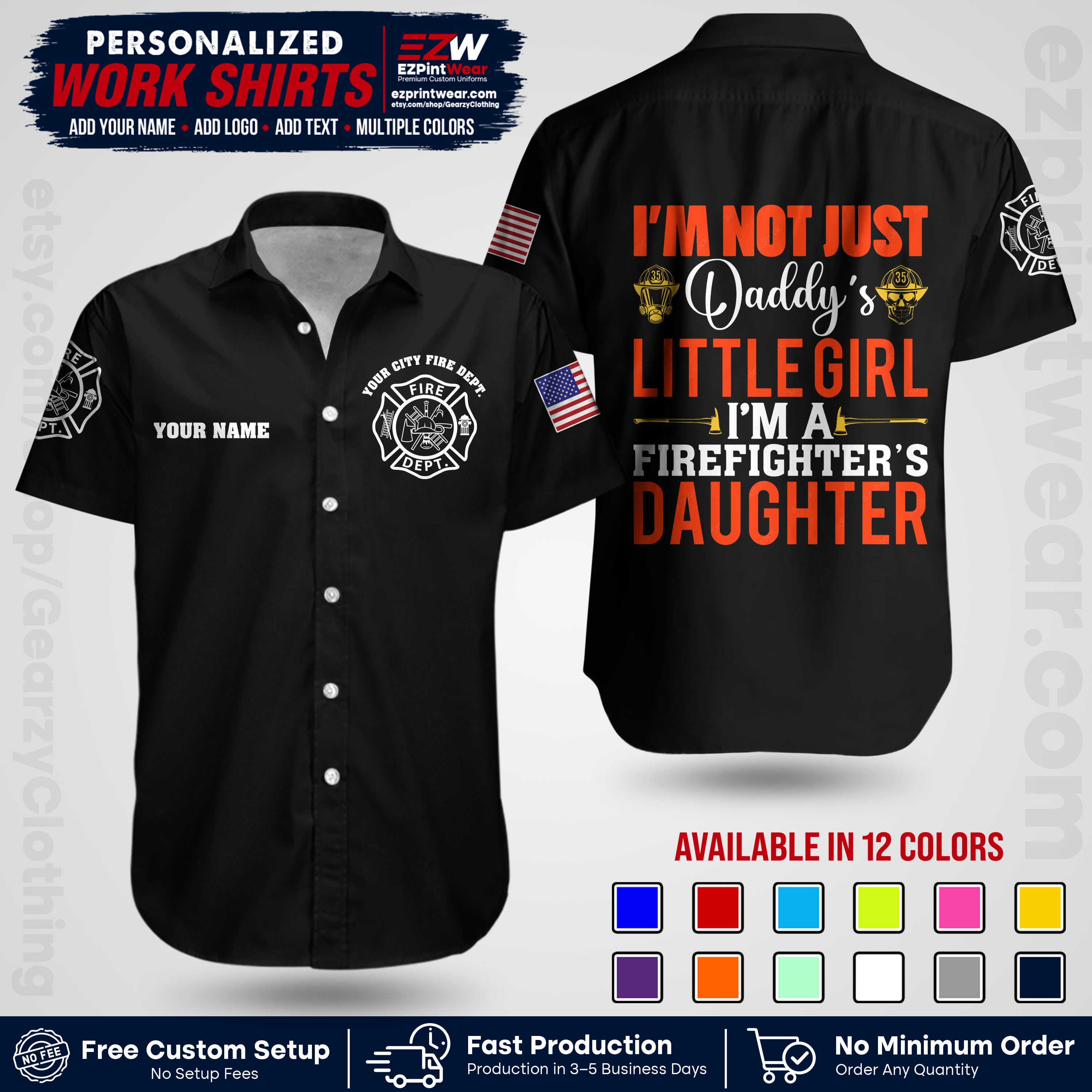 Custom Fire Department Shirt with Name, City Logo & Text | Firefighter Uniform | Button Up Work Shirt FF08