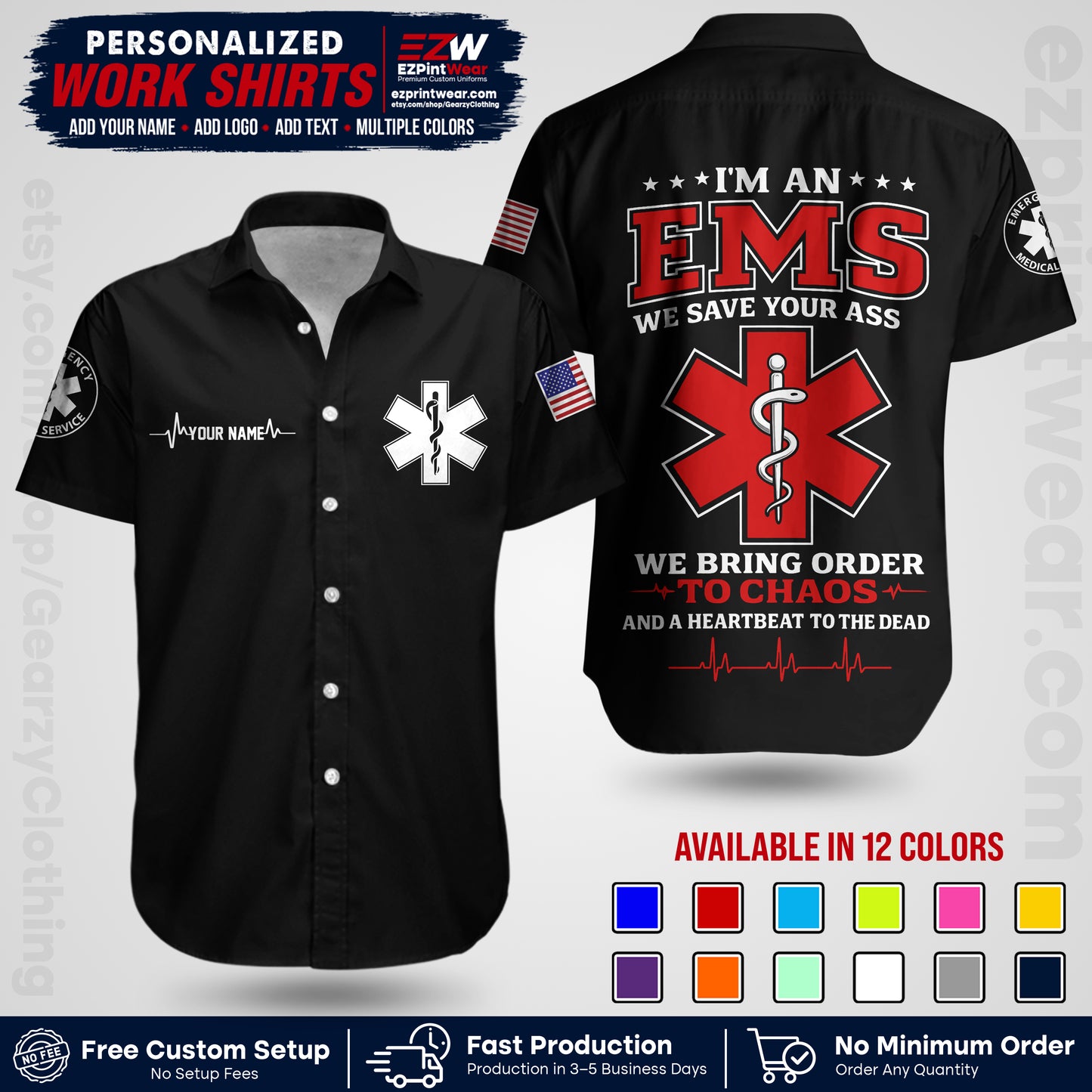 Custom EMS Shirt with Name, Logo & Text | EMS Team Uniform | First Responder Workwear EMSU05