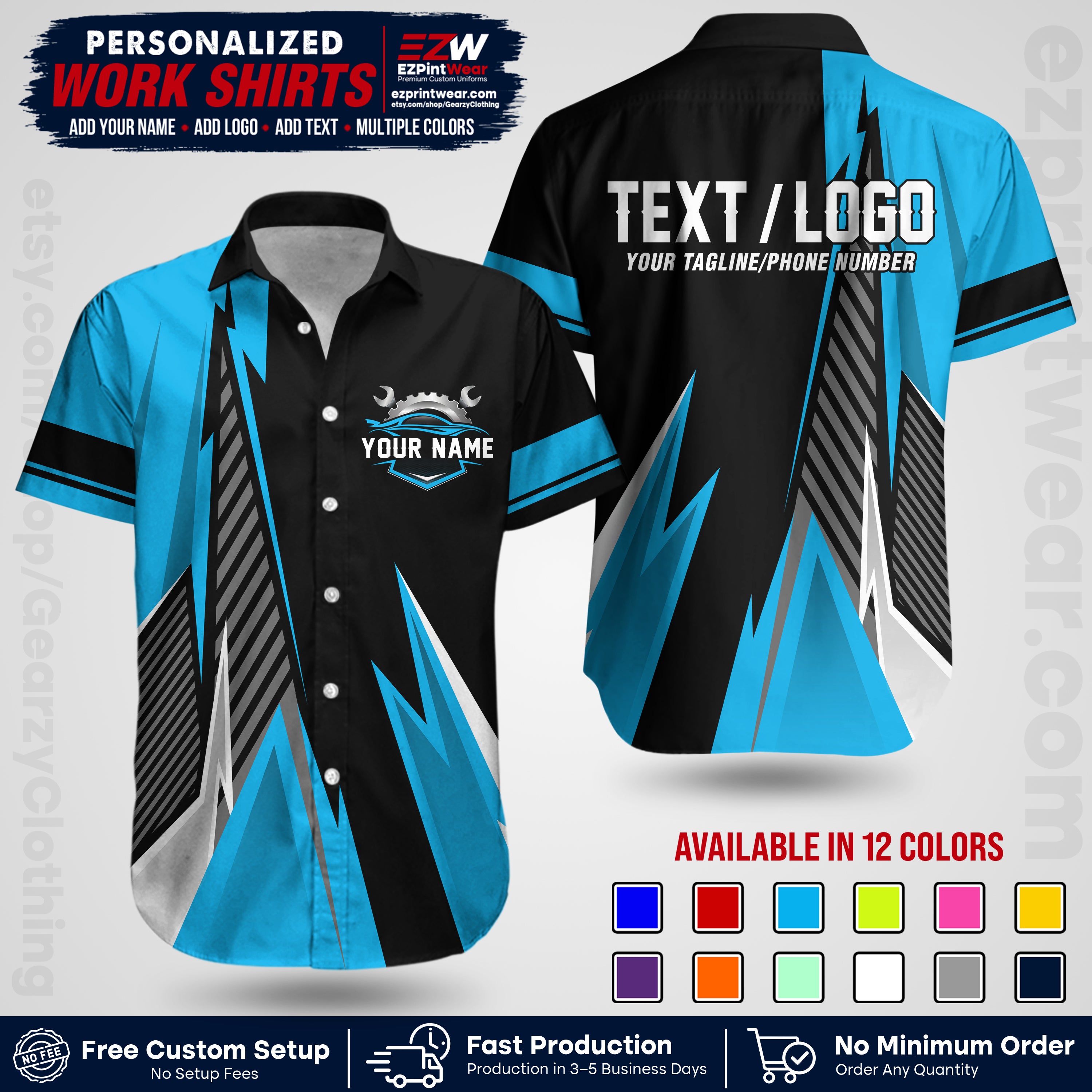 Custom Mechanic Work Shirt with Name, Logo & Text | Auto Shop Uniform | Workwear MCN 01