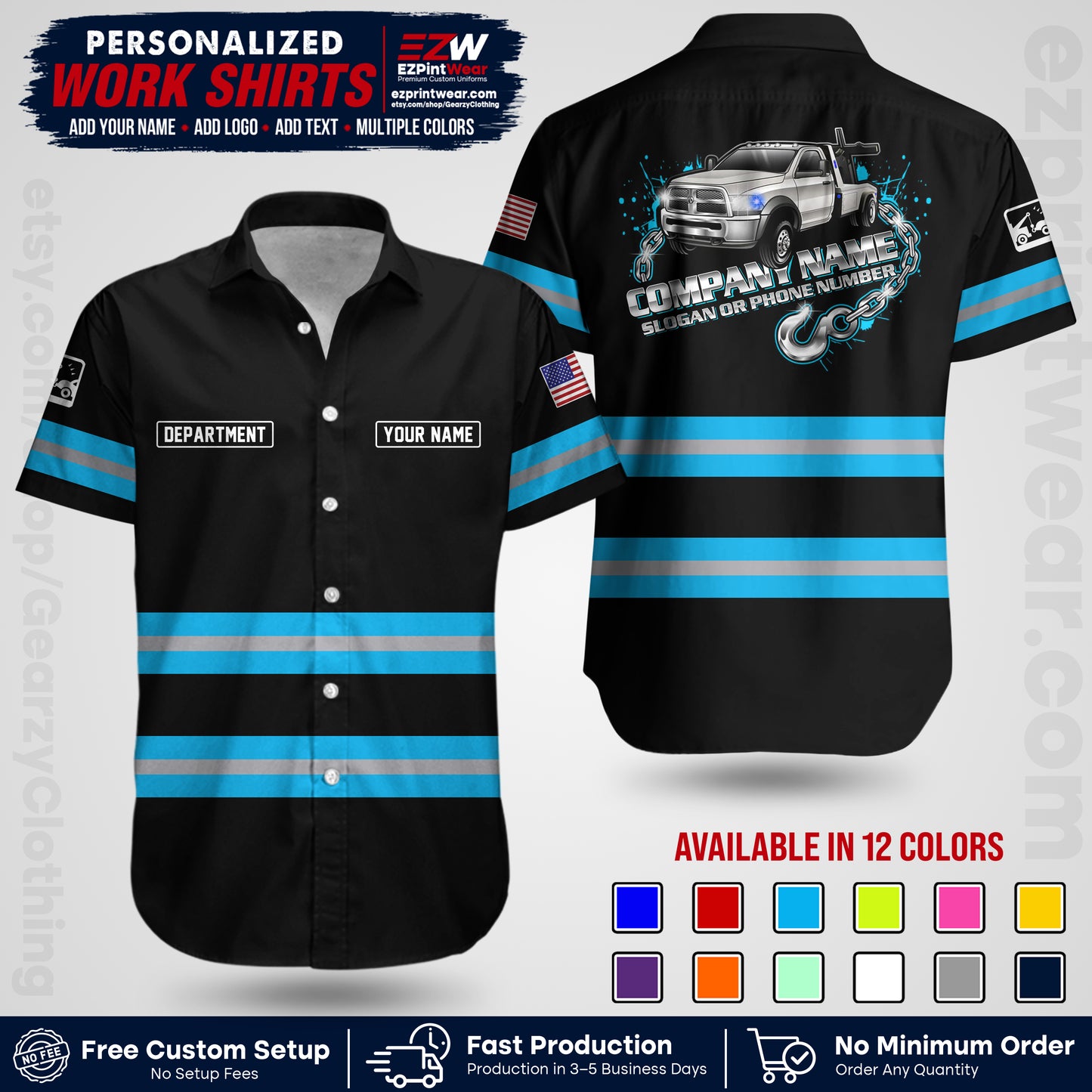 Custom Towing Workwear Uniform | Personalized Tow Truck Shirt | Non-Reflective Safety Stripe Apparel | Custom Towing Shirt | Tow Truck Apparel TW05
