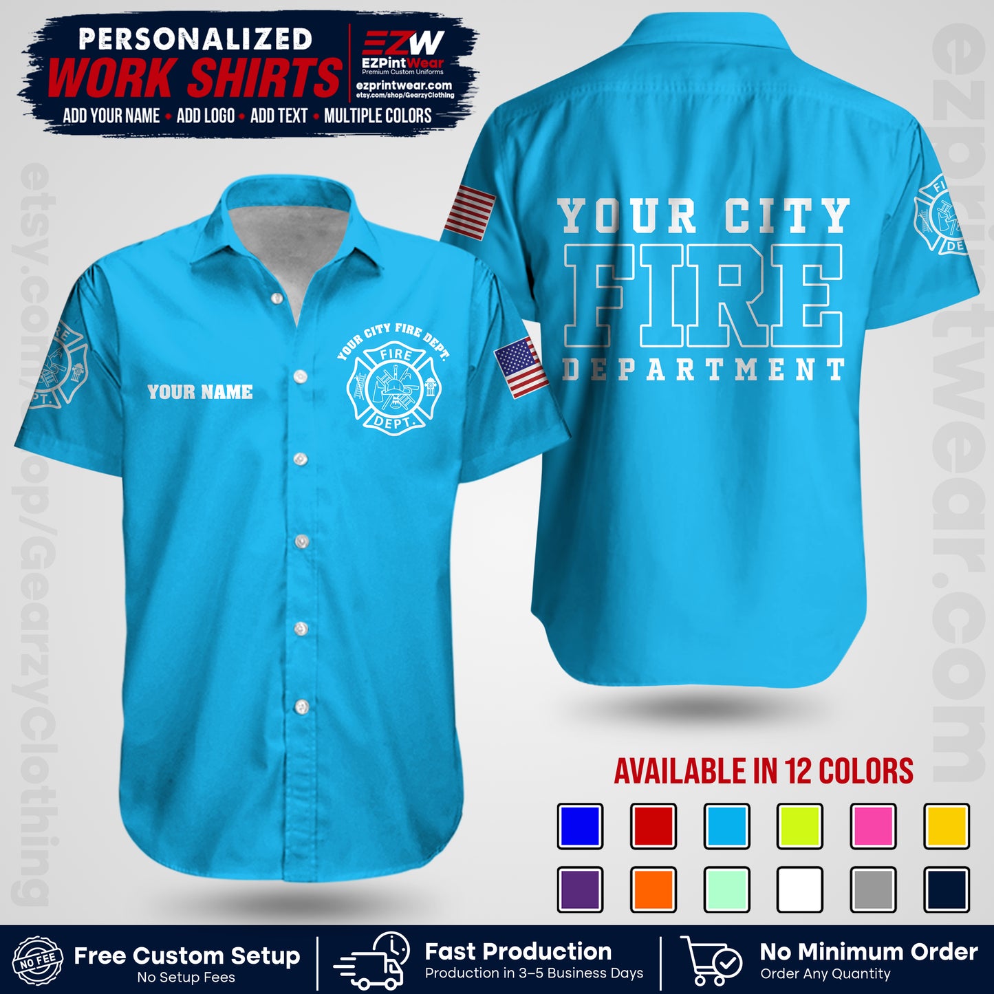 Custom Fire Department Shirt with Name, City Logo & Text | Firefighter Uniform | Button Up Work Shirt FF01