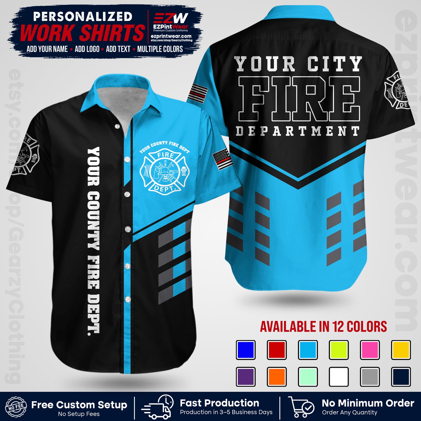 Custom Fire Department Shirt with Name, City Logo & Text | Firefighter Uniform | Button Up Work Shirt FF03