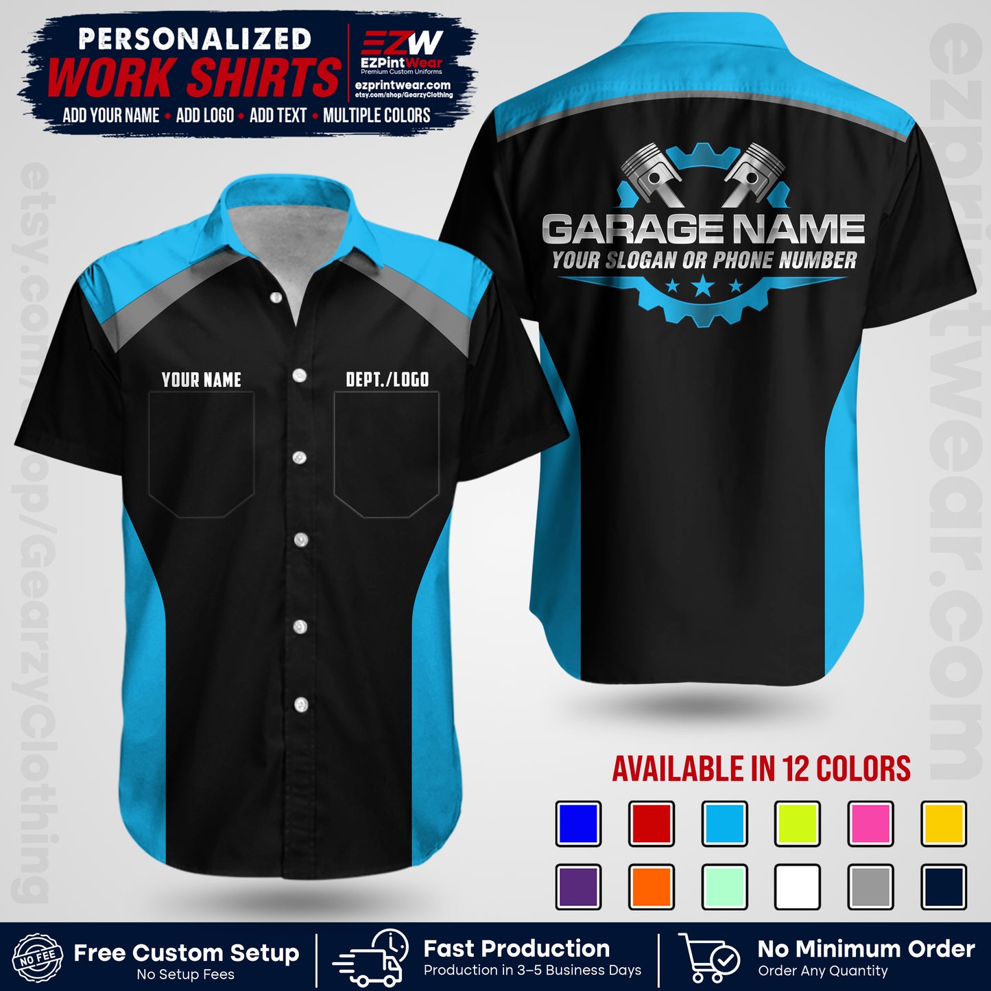 Custom Mechanic Work Shirt with Name, Logo & Text | Auto Shop Uniform | Workwear MCN 06
