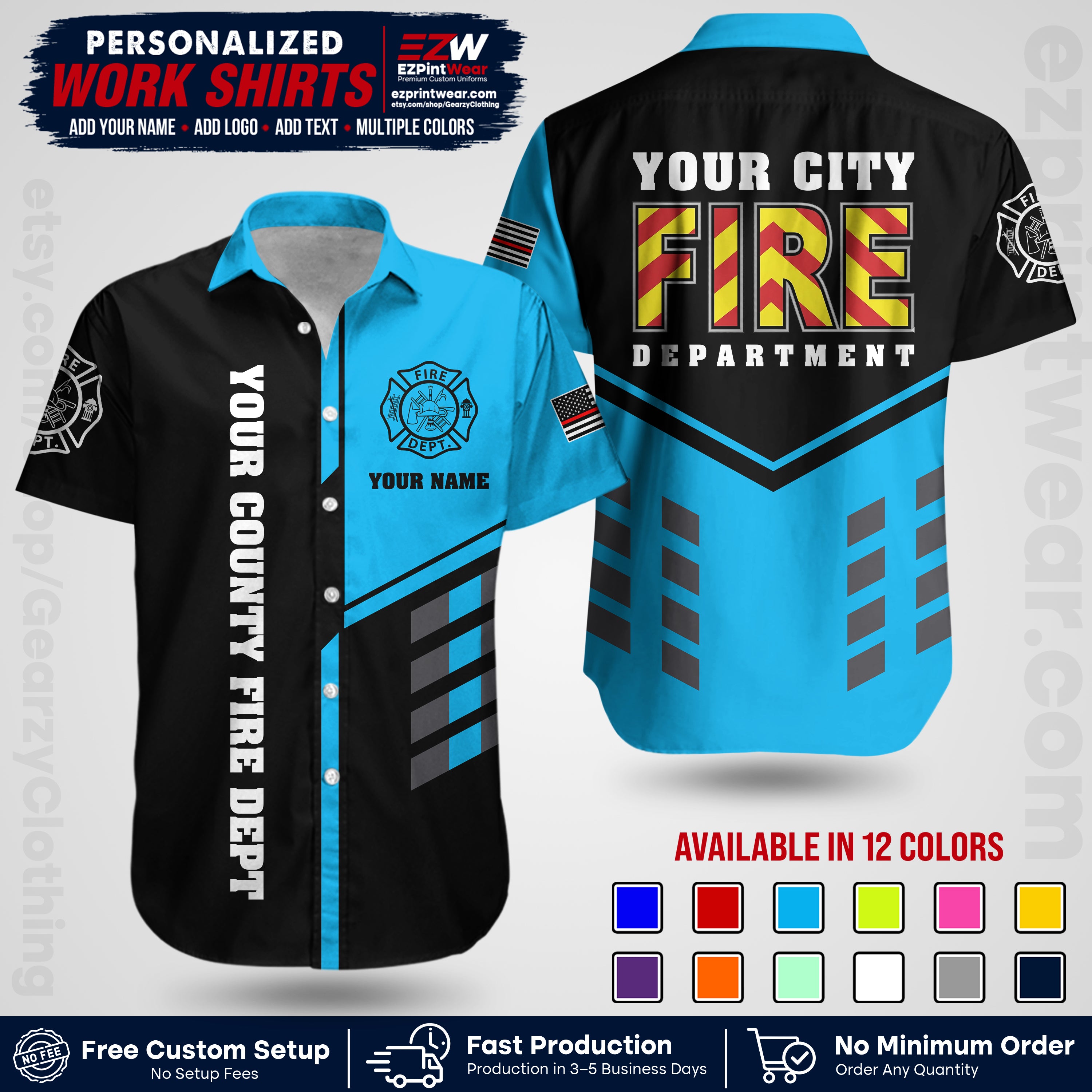 Custom Fire Department Shirt with Name, City Logo & Text | Firefighter Uniform | Button Up Work Shirt FF06