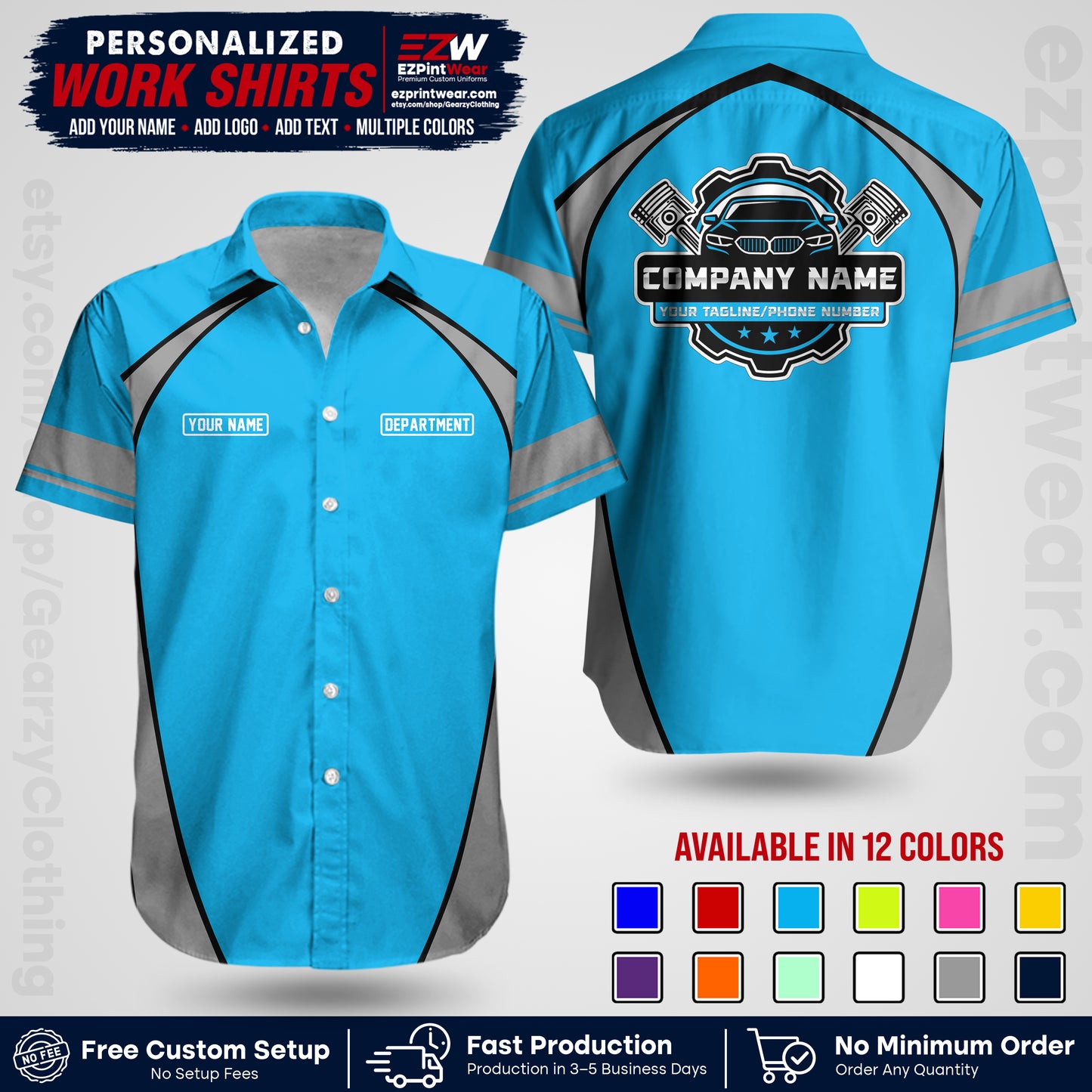 Custom Mechanic Work Shirt with Name, Logo & Text | Auto Shop Uniform | Workwear MCN 09