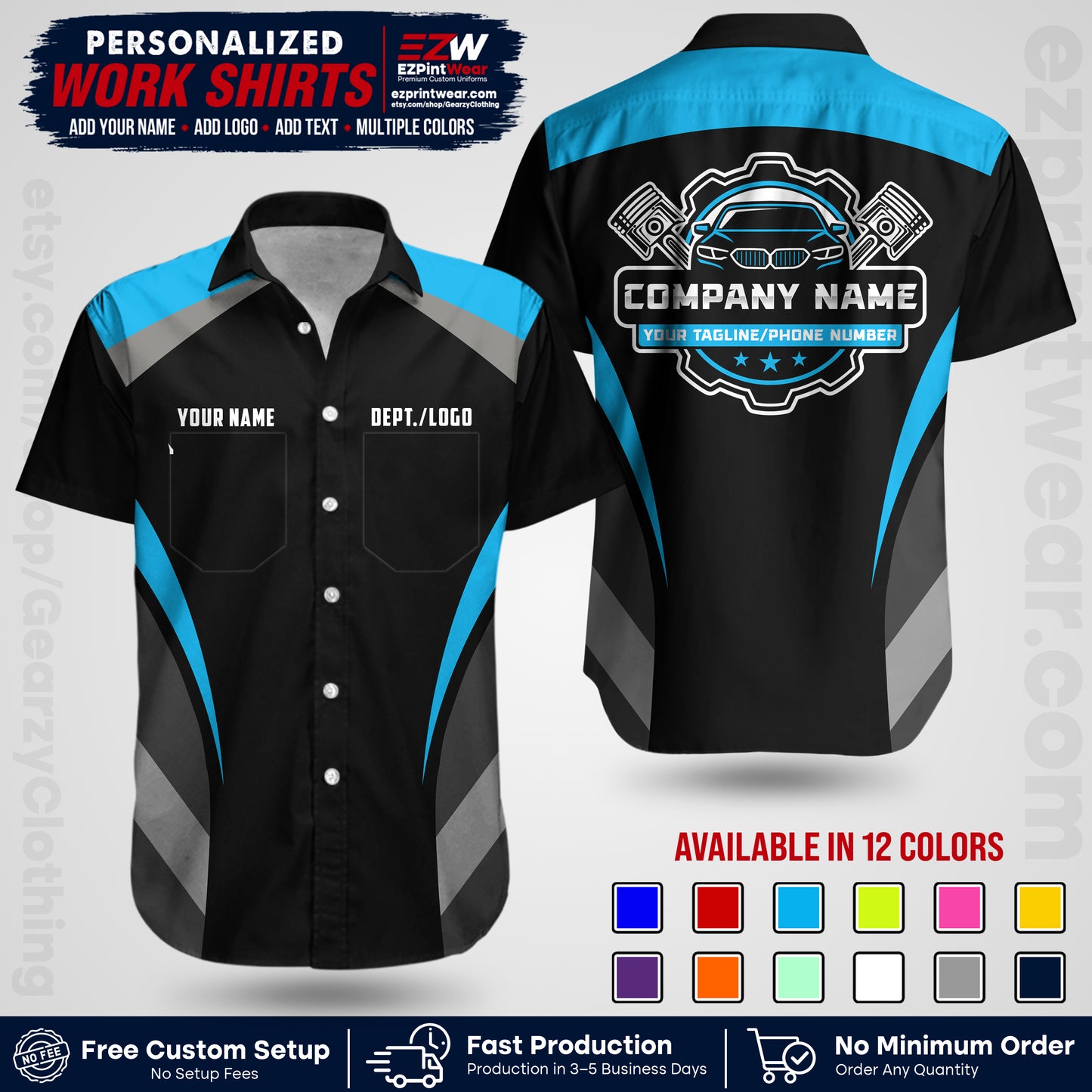 Custom Mechanic Work Shirt with Name, Logo & Text | Auto Shop Uniform | Workwear MCN 05