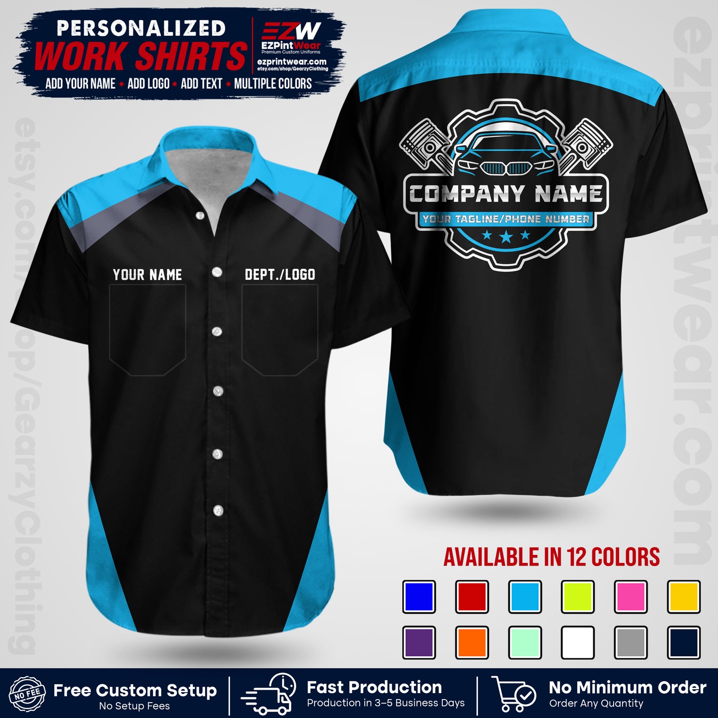 Custom Mechanic Work Shirt with Name, Logo & Text | Auto Shop Uniform | Workwear MCN 03