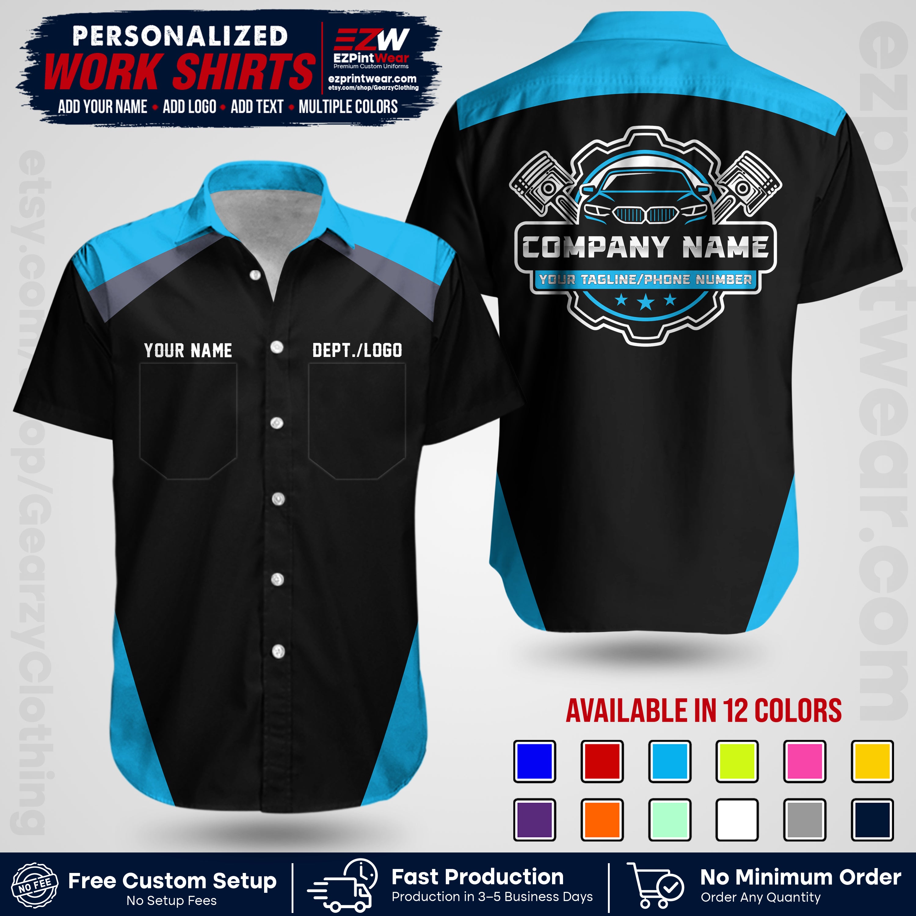 Custom Mechanic Work Shirt with Name, Logo & Text | Auto Shop Uniform | Workwear MCN 03