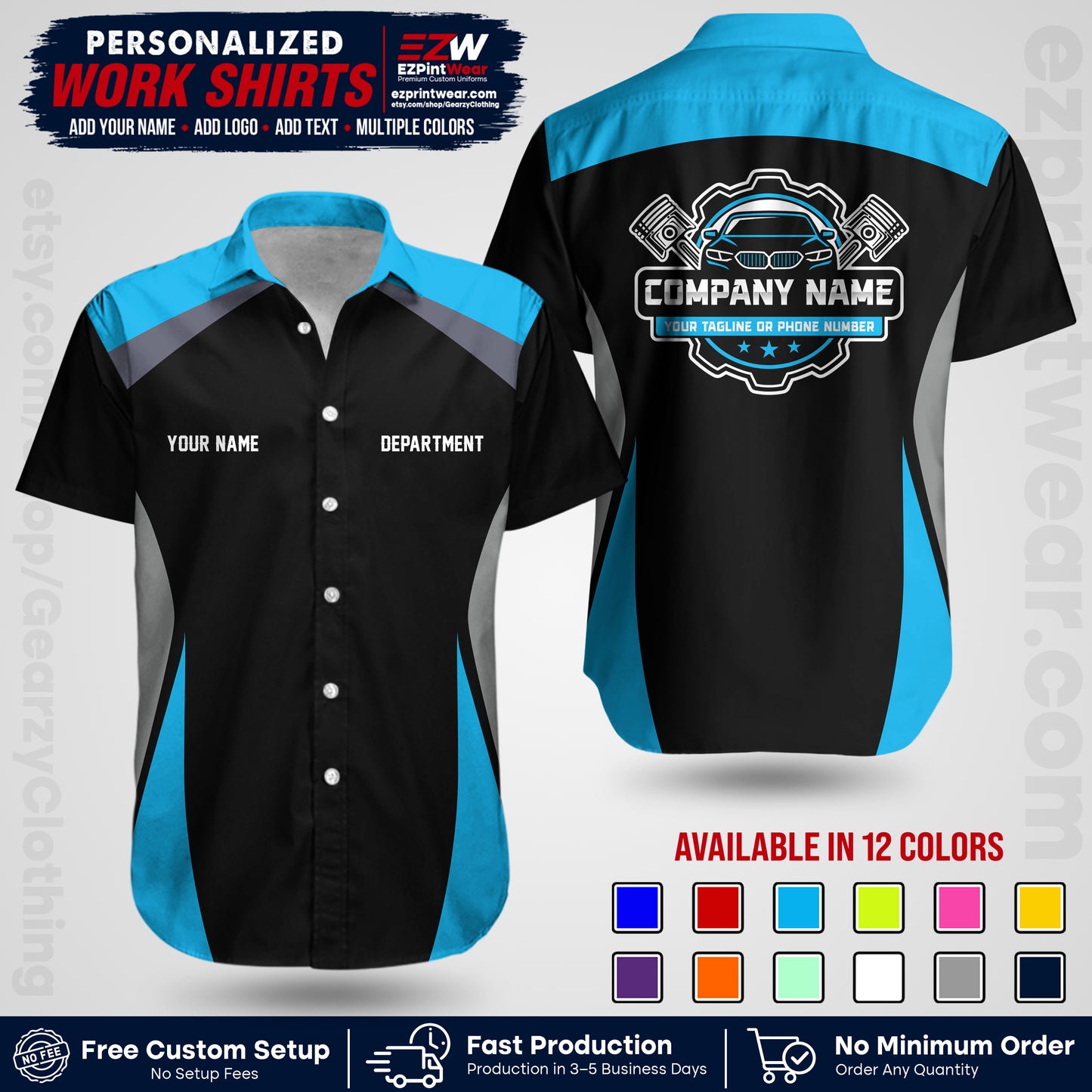 Custom Mechanic Work Shirt with Name, Logo & Text | Auto Shop Uniform | Workwear MCN 08