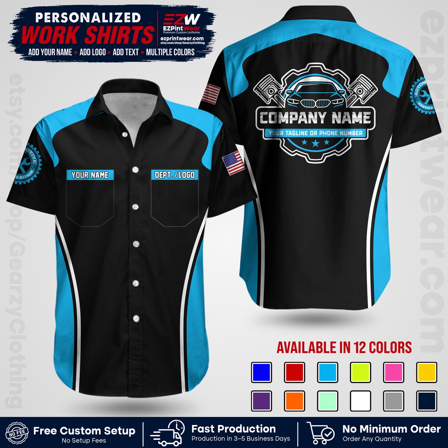 Custom Mechanic Work Shirt with Name, Logo & Text | Auto Shop Uniform | Workwear MCN 10