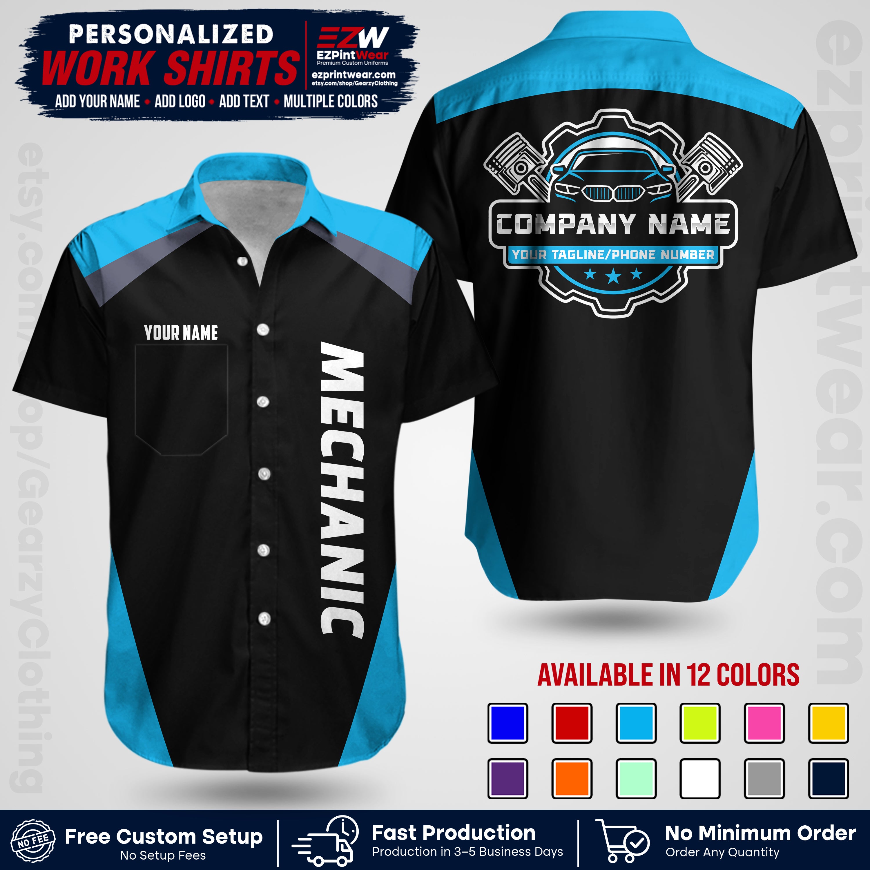 Custom Mechanic Work Shirt with Name, Logo & Text | Auto Shop Uniform | Workwear MCN 02