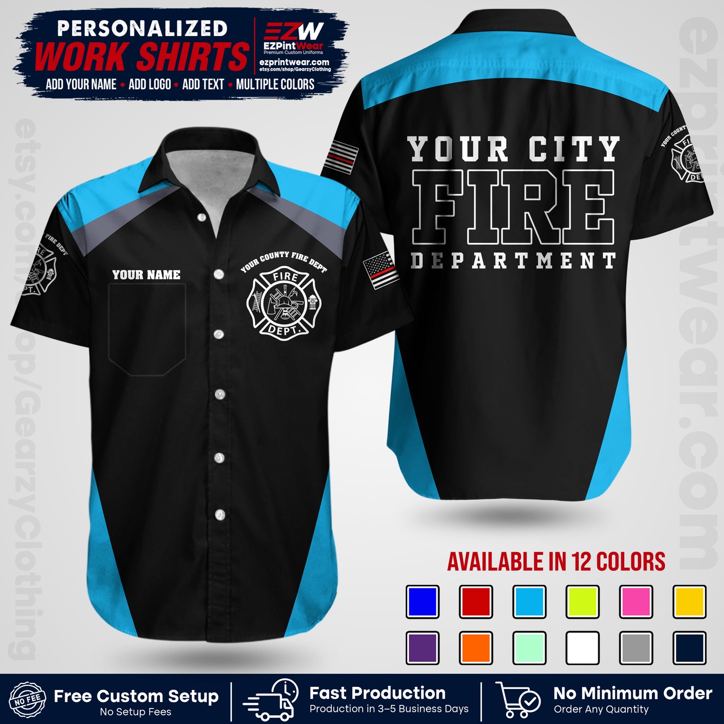 Custom Fire Department Shirt with Name, City Logo & Text | Firefighter Uniform | Button Up Work Shirt FF04