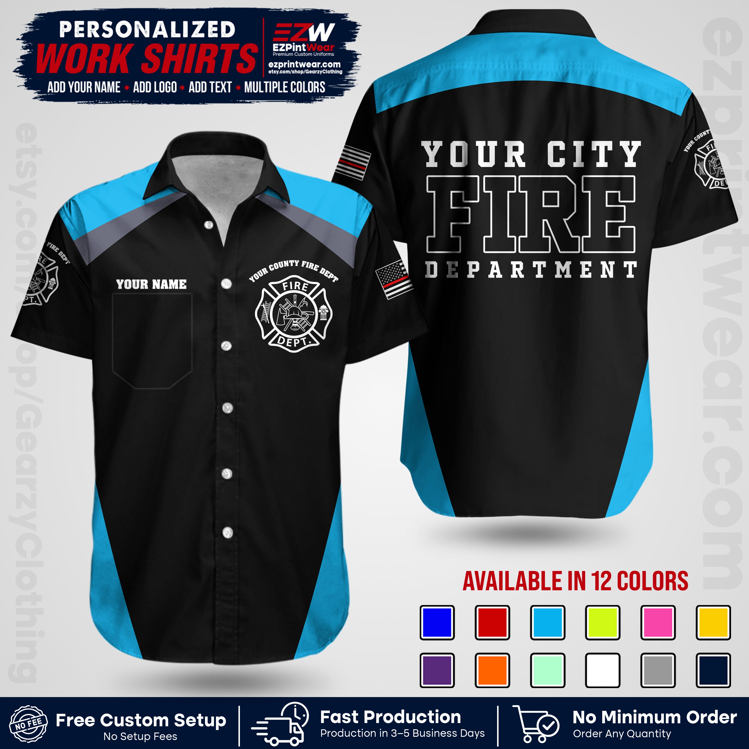 Custom Fire Department Shirt with Name, City Logo & Text | Firefighter Uniform | Button Up Work Shirt FF04