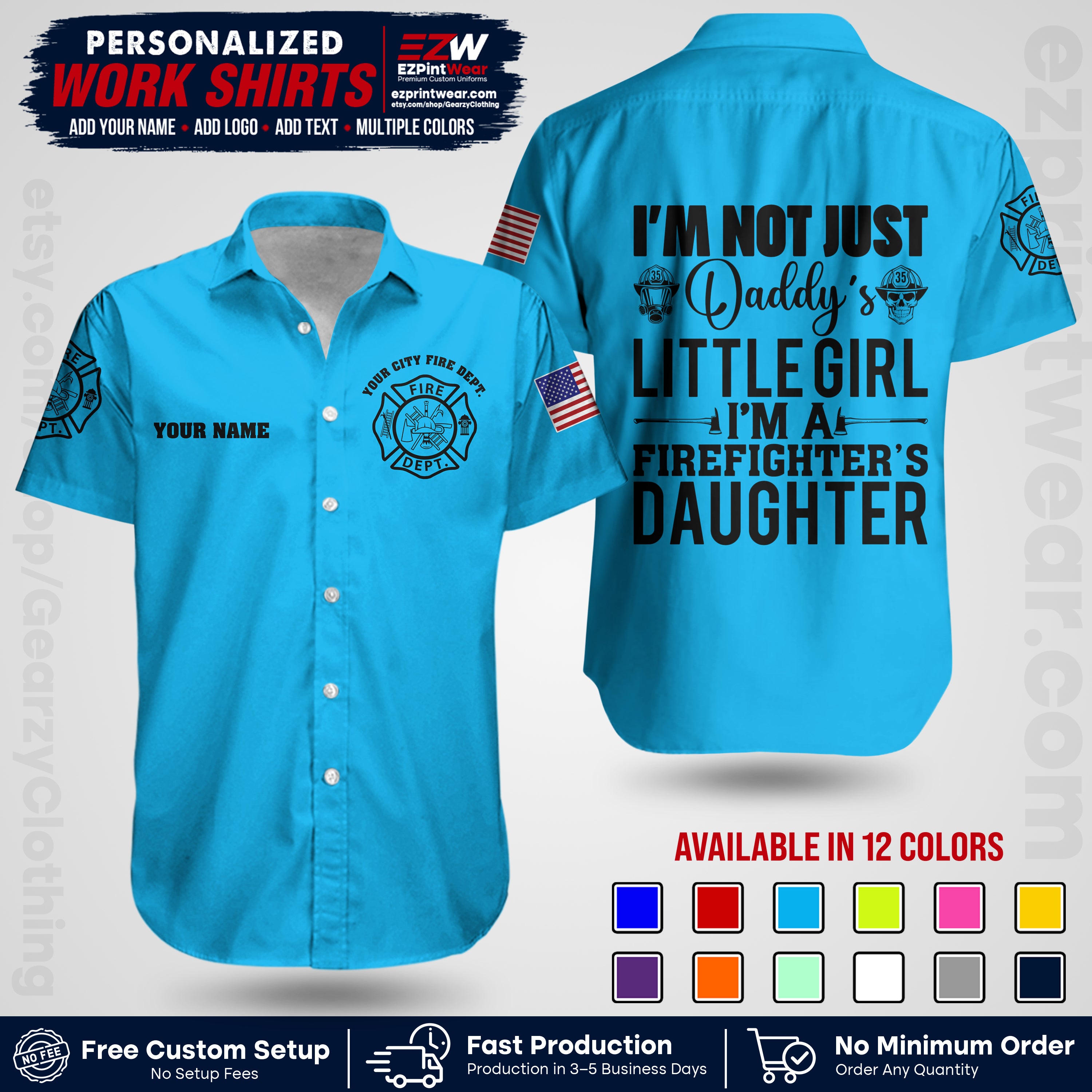 Custom Fire Department Shirt with Name, City Logo & Text | Firefighter Uniform | Button Up Work Shirt FF08