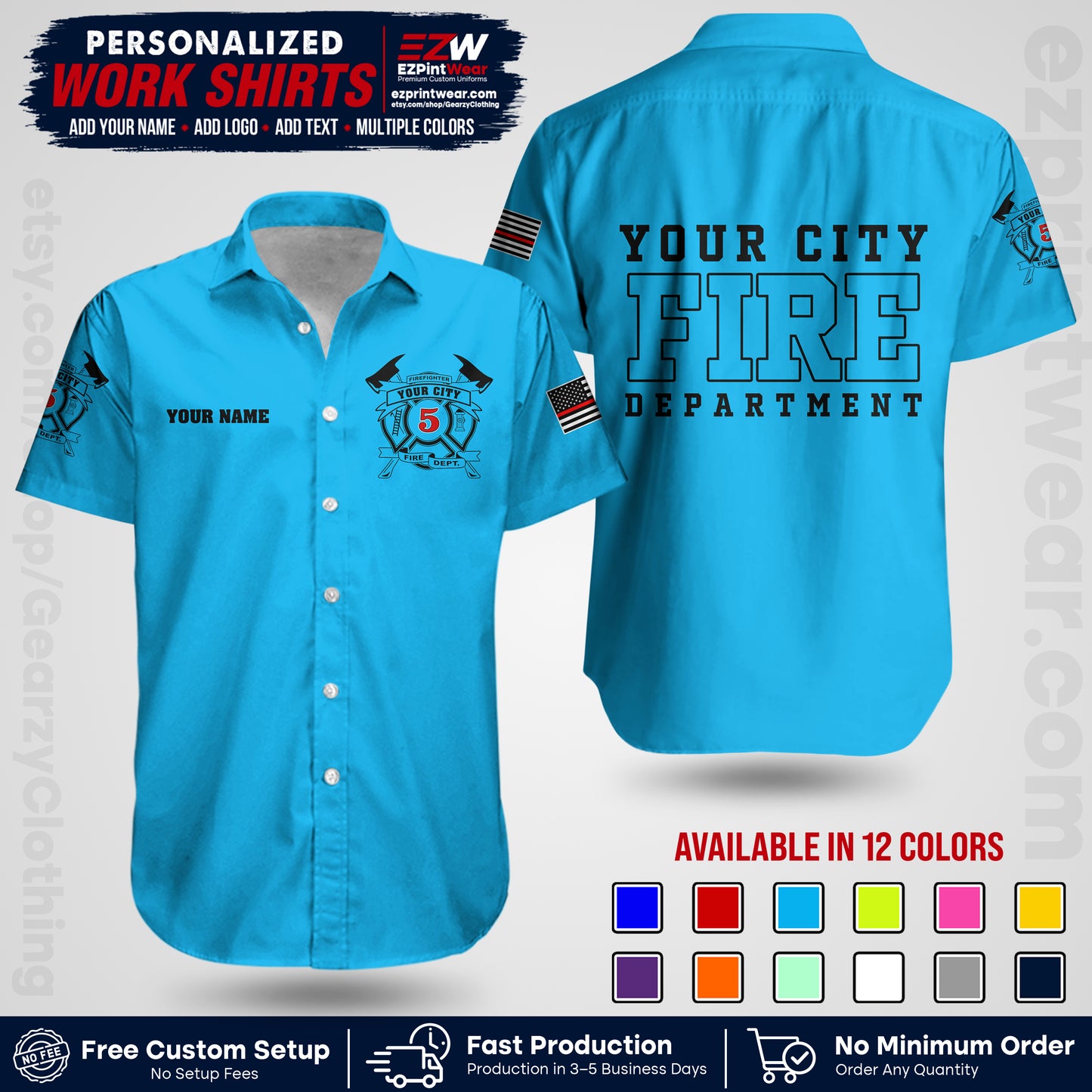 Custom Fire Department Shirt with Name, City Logo & Text | Firefighter Uniform | Button Up Work Shirt FF07