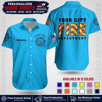 Custom Fire Department Shirt with Name, City Logo & Text | Firefighter Uniform | Button Up Work Shirt FF05