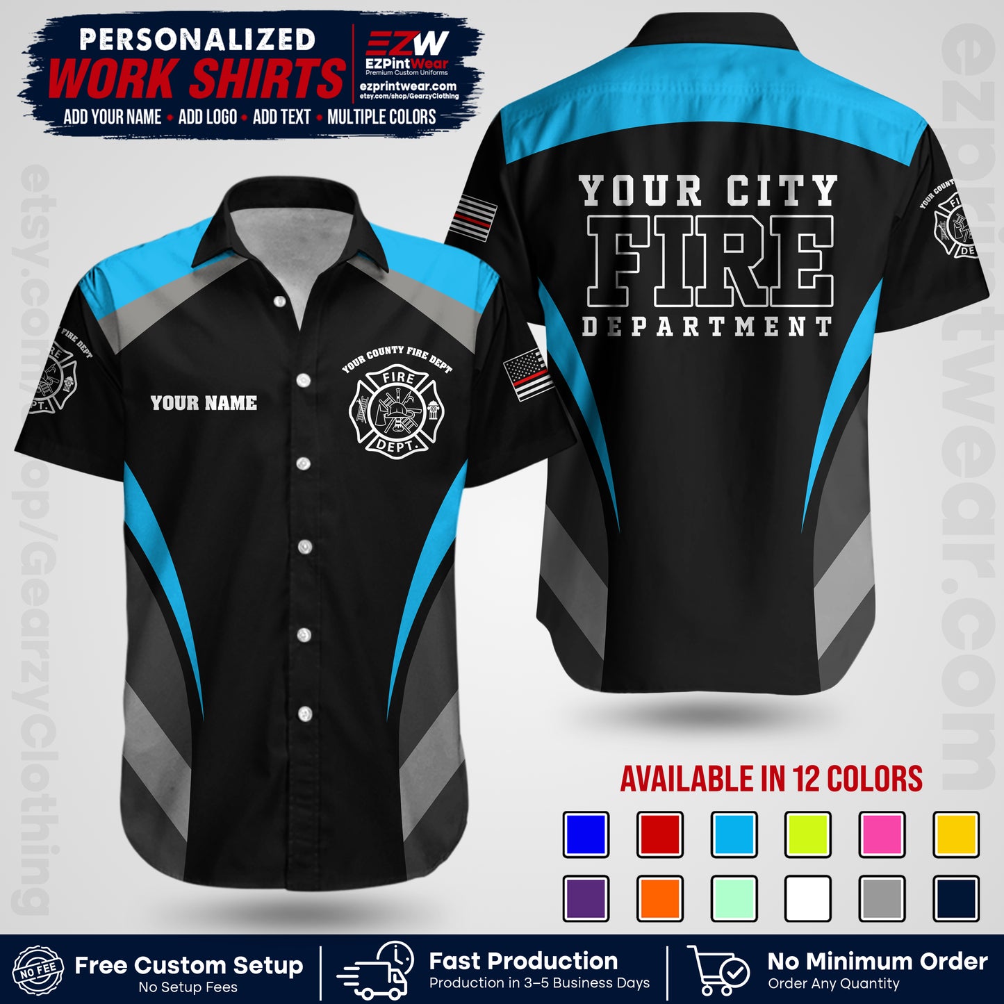 Custom Fire Department Shirt with Name, City Logo & Text | Firefighter Uniform | Button Up Work Shirt FF02