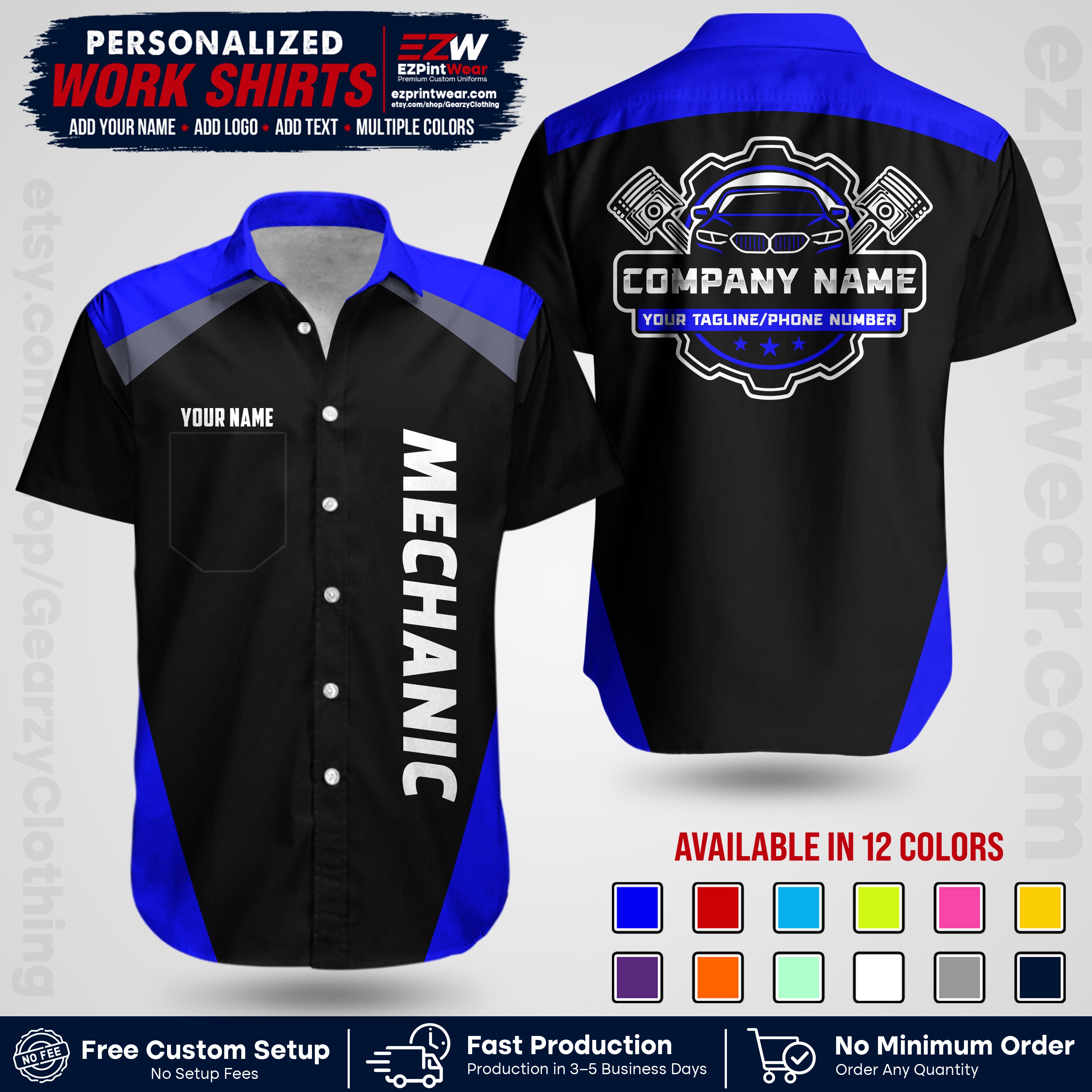 Custom Mechanic Work Shirt with Name, Logo & Text | Auto Shop Uniform | Workwear MCN 02