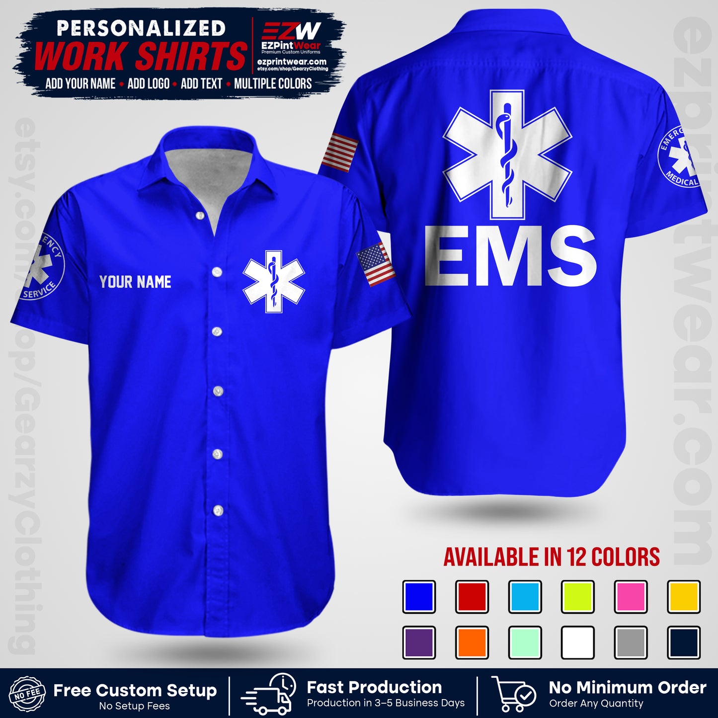 Custom EMS Shirt with Name, Logo & Text | EMS Team Uniform | First Responder Workwear EMSU02